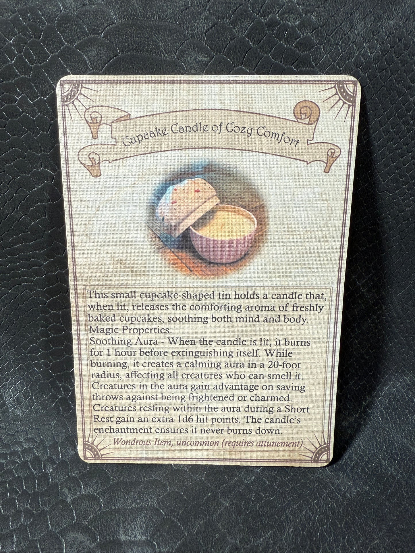 Cupcake Candle of Cozy Comfort – Handmade Dice Set, Magic Item Card & Cupcake Tin Candle for D&D and Tabletop RPGs