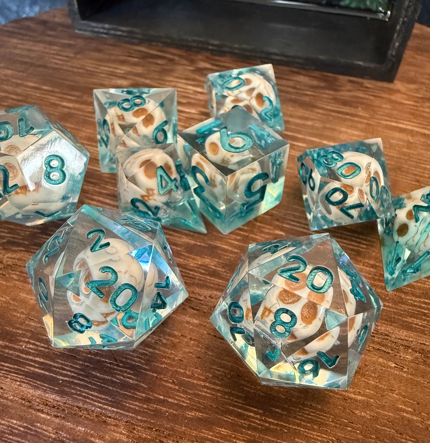 Skull Themed Sharp Edge Shell Dice with Matching Dice Tray, hand poured resin for D&D, Pathfinder, and other RPG
