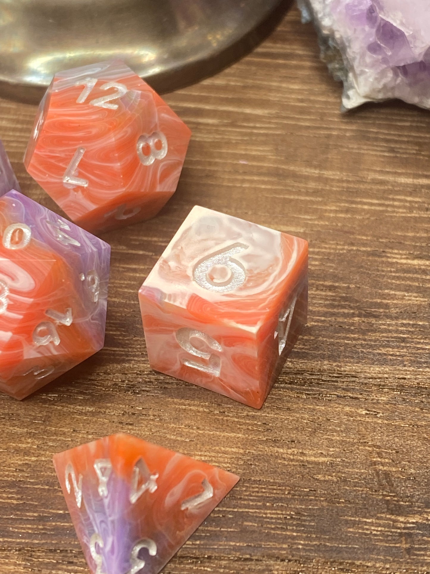 Peach, White and Lavender Sharp Edge Dice, hand poured resin for D&D, Pathfinder, and other RPG