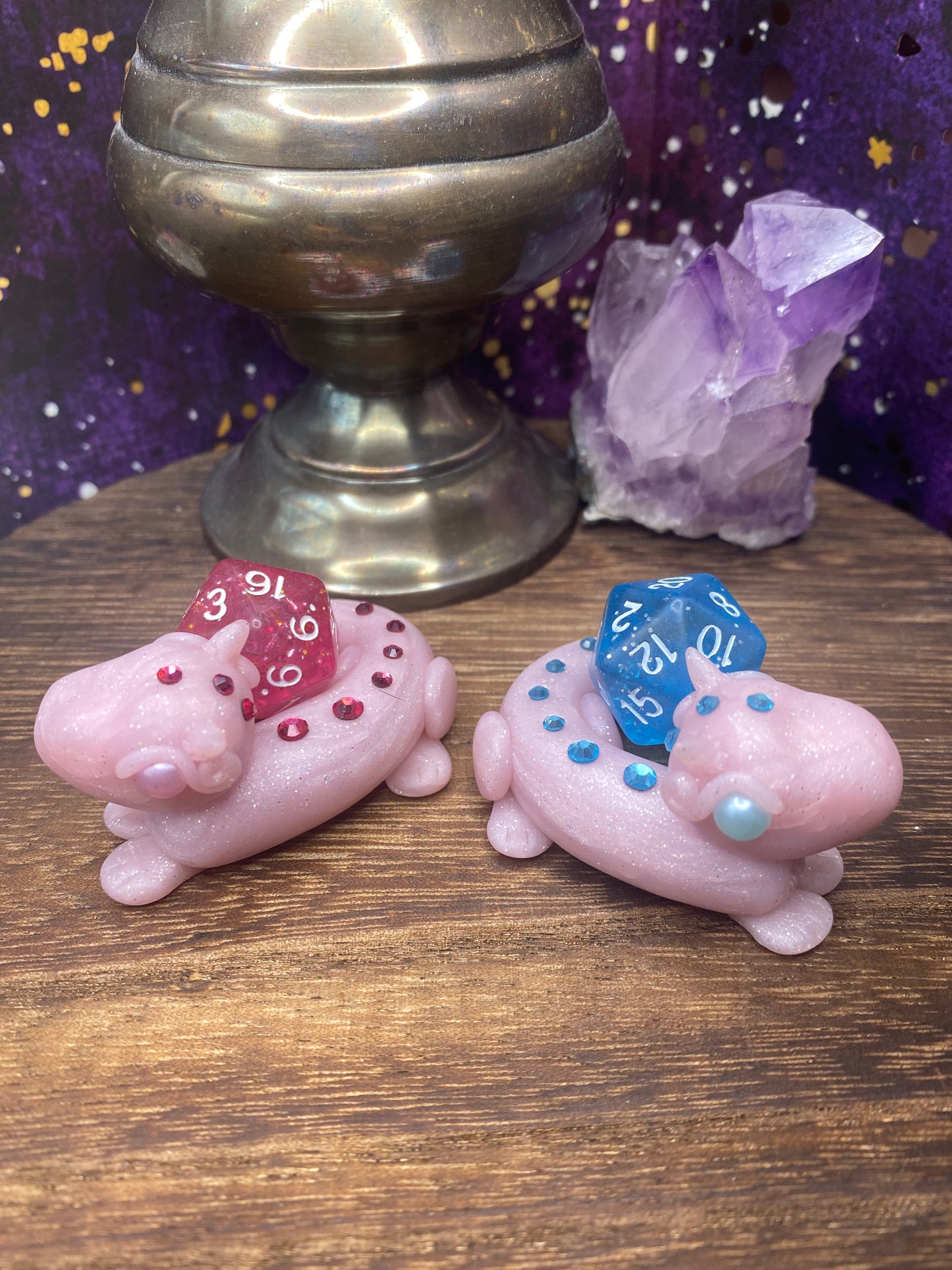 Hand-Sculpted Single Die Dragon Dice Guardian, Pink embellished with Blue or Pink Crystals - D&D Dice Tray Holder