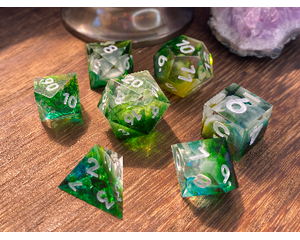 Green and white (with hints of blue and yellow), sharp edge, cloud dice, hand poured resin for D&D, Pathfinder, and other TTRPG