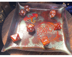 Copper enameled flying dragon and die themed dice tray, trinket tray, for D&D, Pathfinder, and other TTRPG