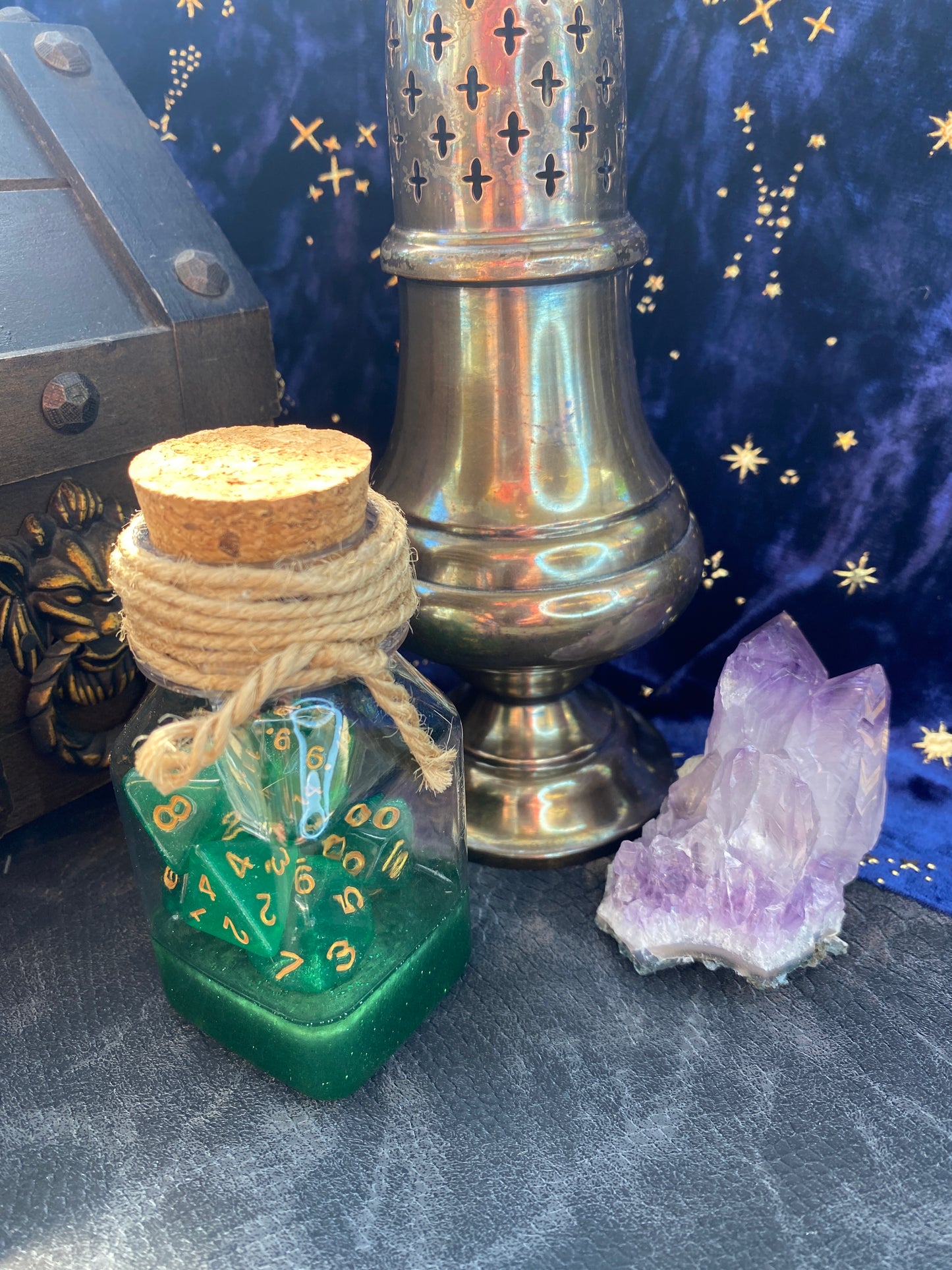 Dice with Potion Bottle Display and Dice Roller (Green Dice set and matching resin), for D&D, Pathfinder, and other TTRPG