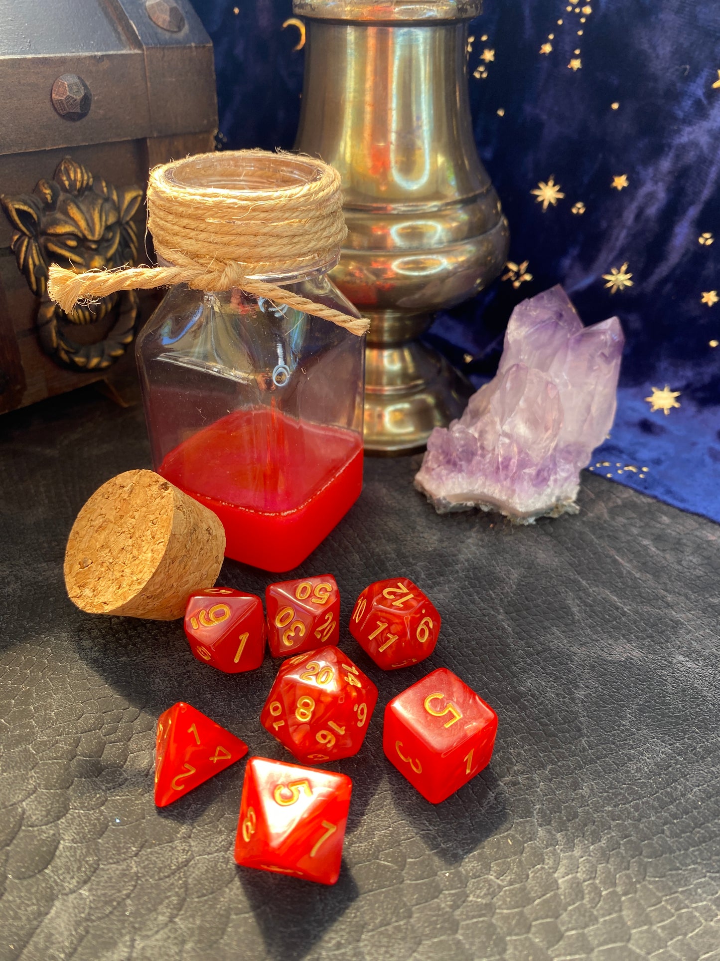 Dice with Potion Bottle Display and Dice Roller (Red Dice set and matching resin), for D&D, Pathfinder, and other TTRPG