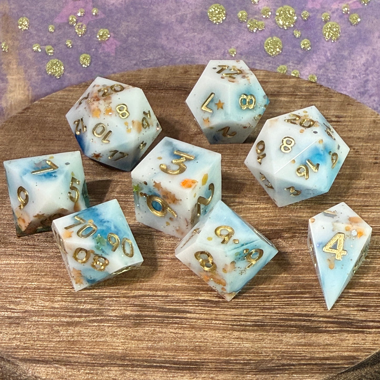 White and Blue with Gold Stars and Glitter, Sharp Edge Dice, hand poured resin for D&D, Pathfinder, and other RPG