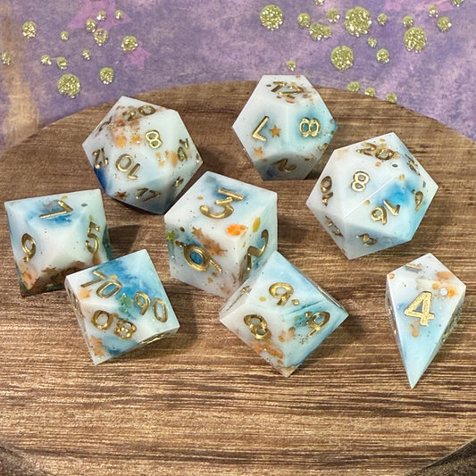 White and Blue with Gold Stars and Glitter, Sharp Edge Dice, hand poured resin for D&D, Pathfinder, and other RPG