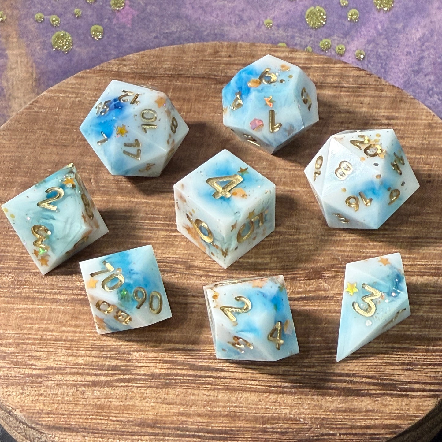 White and Blue with Gold Stars and Glitter, Sharp Edge Dice, hand poured resin for D&D, Pathfinder, and other RPG