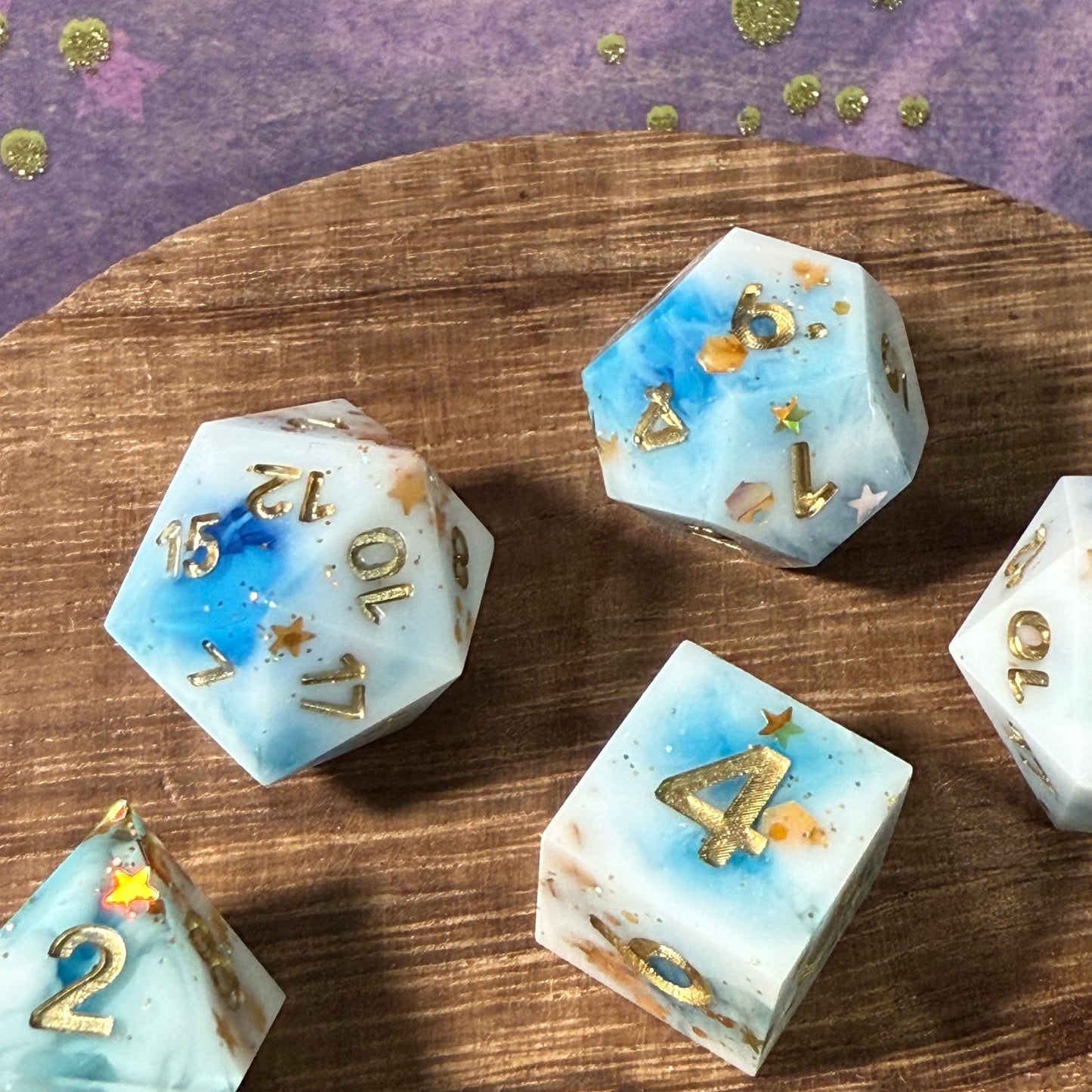 White and Blue with Gold Stars and Glitter, Sharp Edge Dice, hand poured resin for D&D, Pathfinder, and other RPG