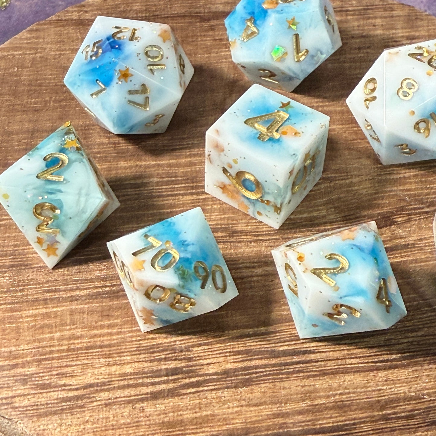 White and Blue with Gold Stars and Glitter, Sharp Edge Dice, hand poured resin for D&D, Pathfinder, and other RPG