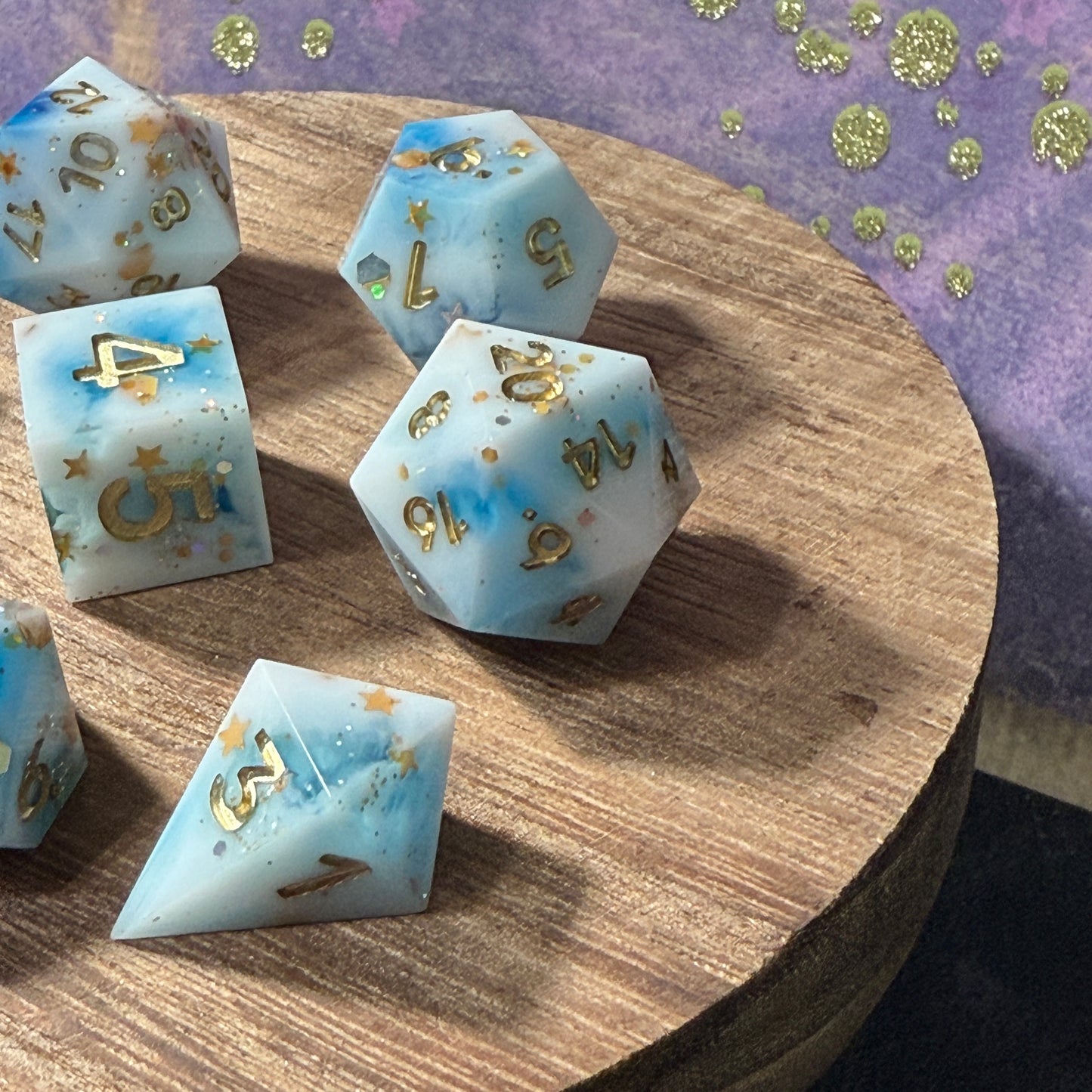 White and Blue with Gold Stars and Glitter, Sharp Edge Dice, hand poured resin for D&D, Pathfinder, and other RPG