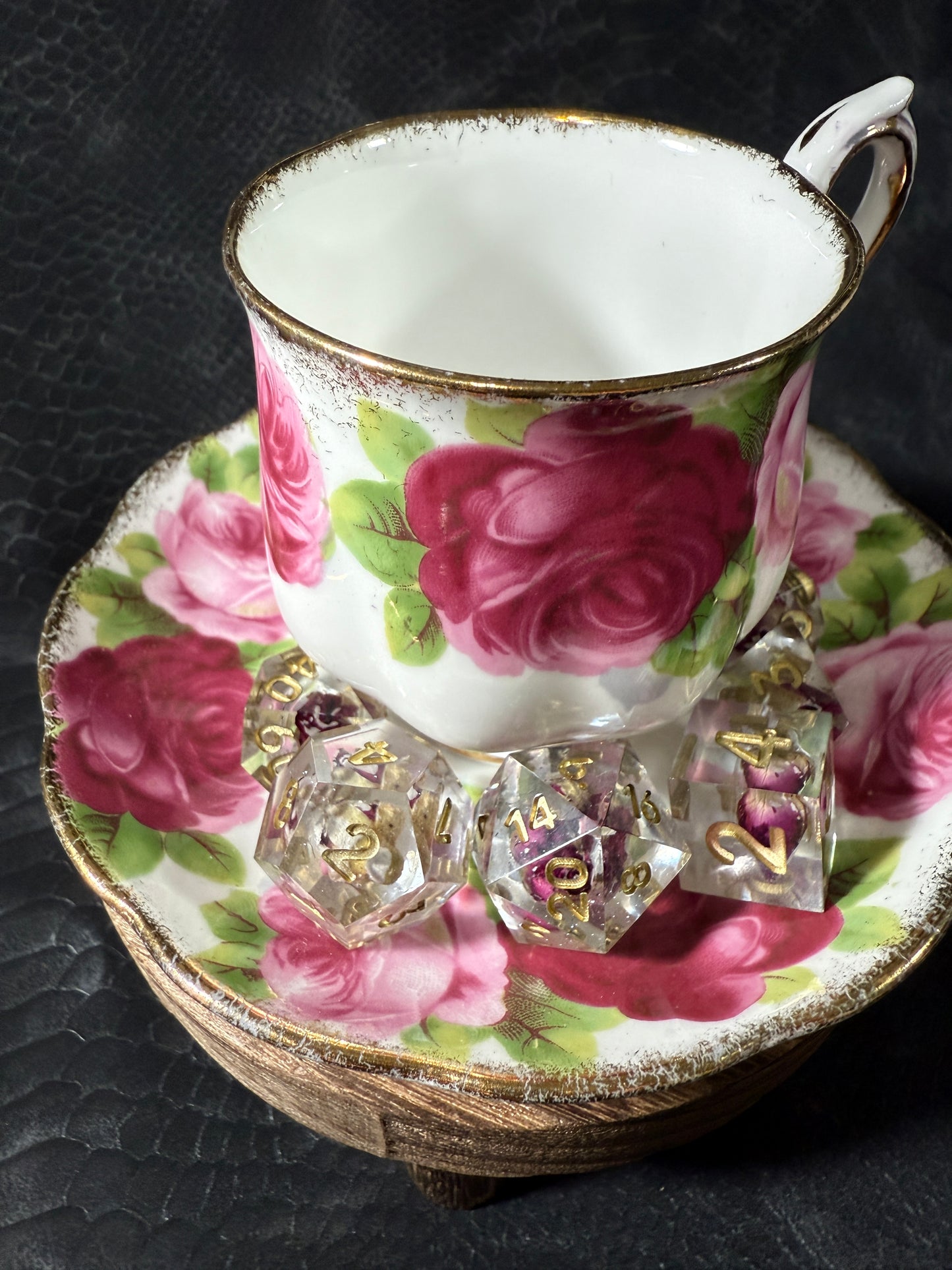 Spill the Tea Tea Cup – Rose Painted Porcelain Cup, Rosebud Themed Dice Set & Magic Item Card for D&D and Tabletop RPGs