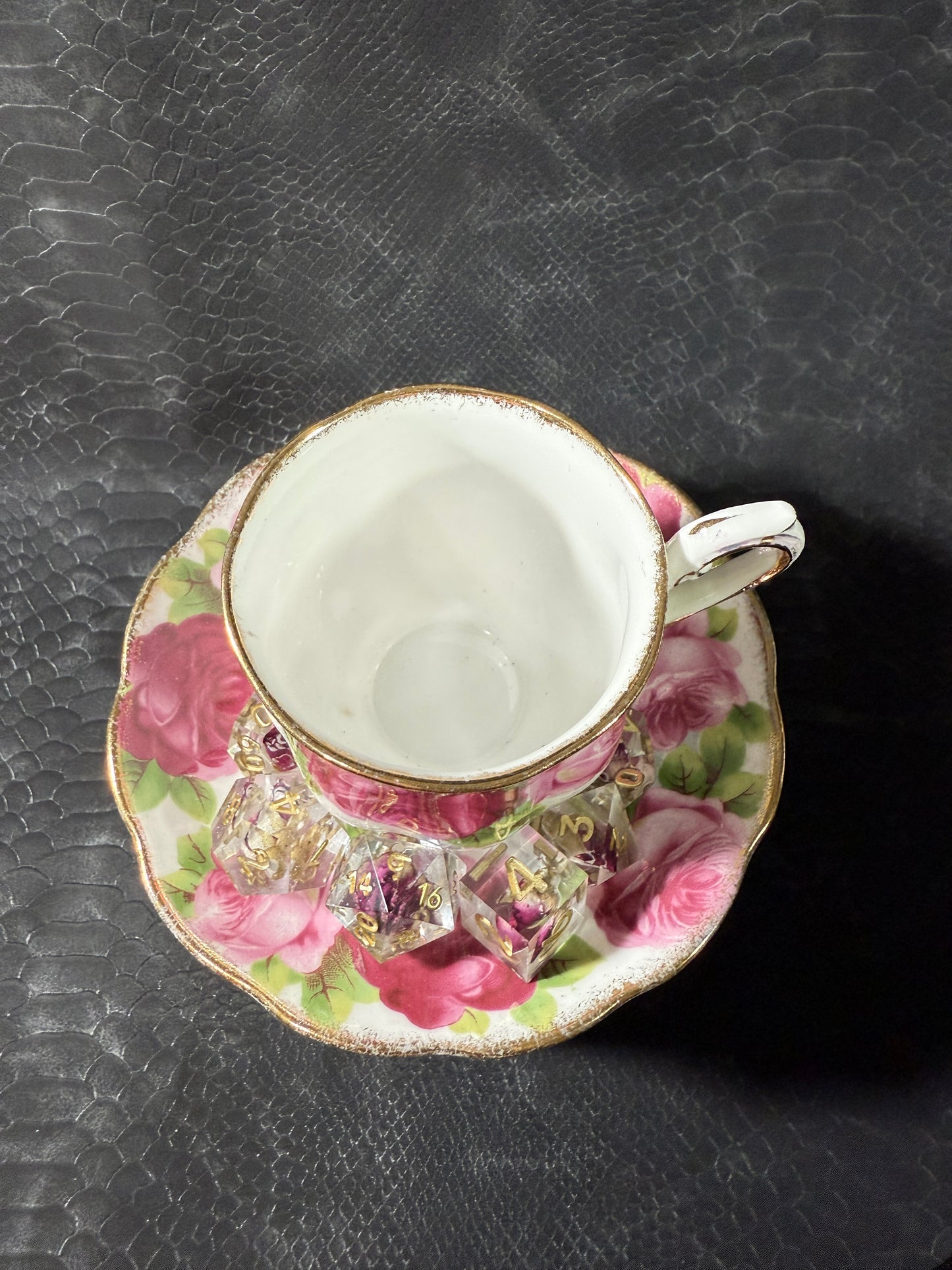 Spill the Tea Tea Cup – Rose Painted Porcelain Cup, Rosebud Themed Dice Set & Magic Item Card for D&D and Tabletop RPGs
