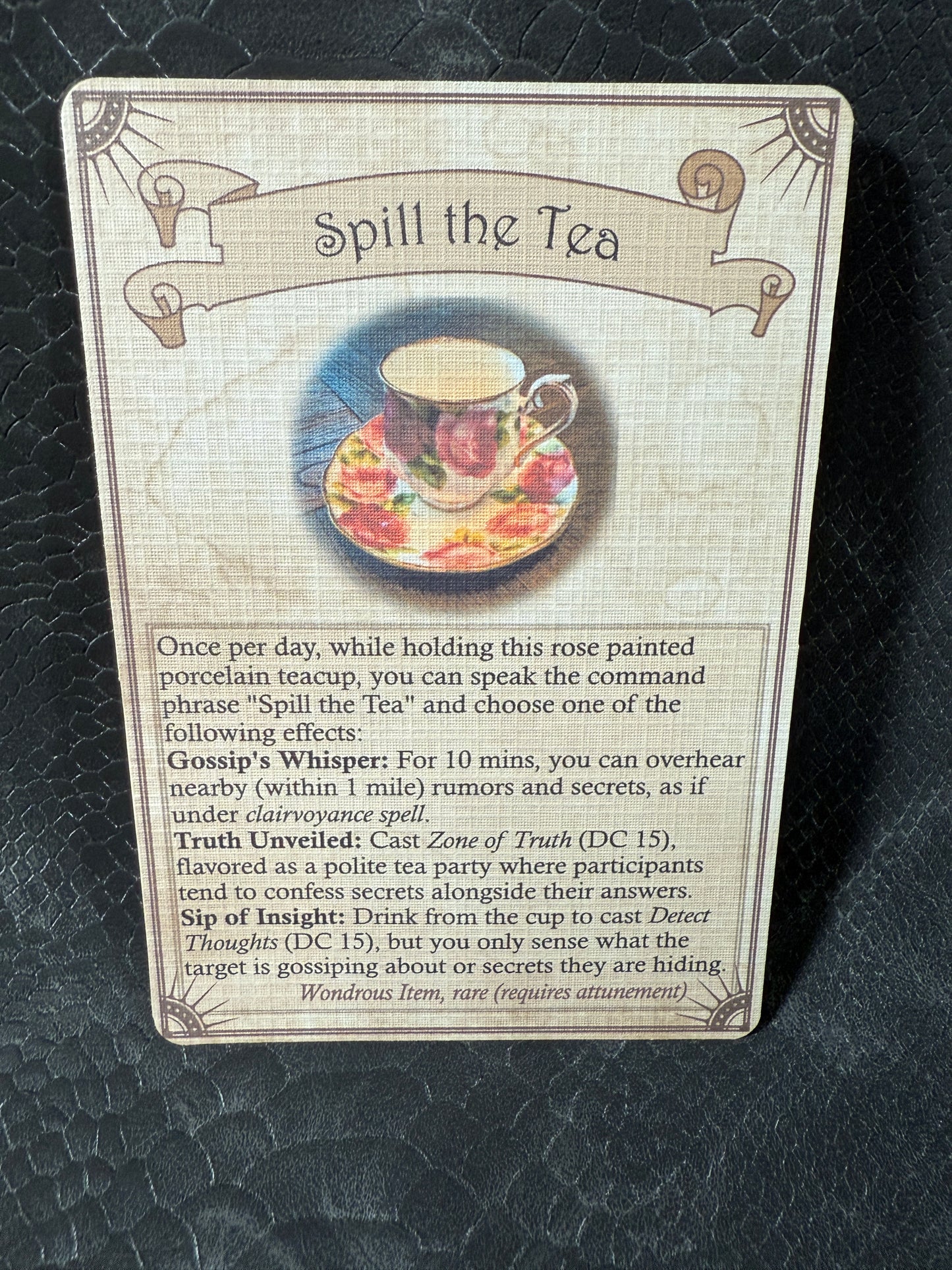 Spill the Tea Tea Cup – Rose Painted Porcelain Cup, Rosebud Themed Dice Set & Magic Item Card for D&D and Tabletop RPGs