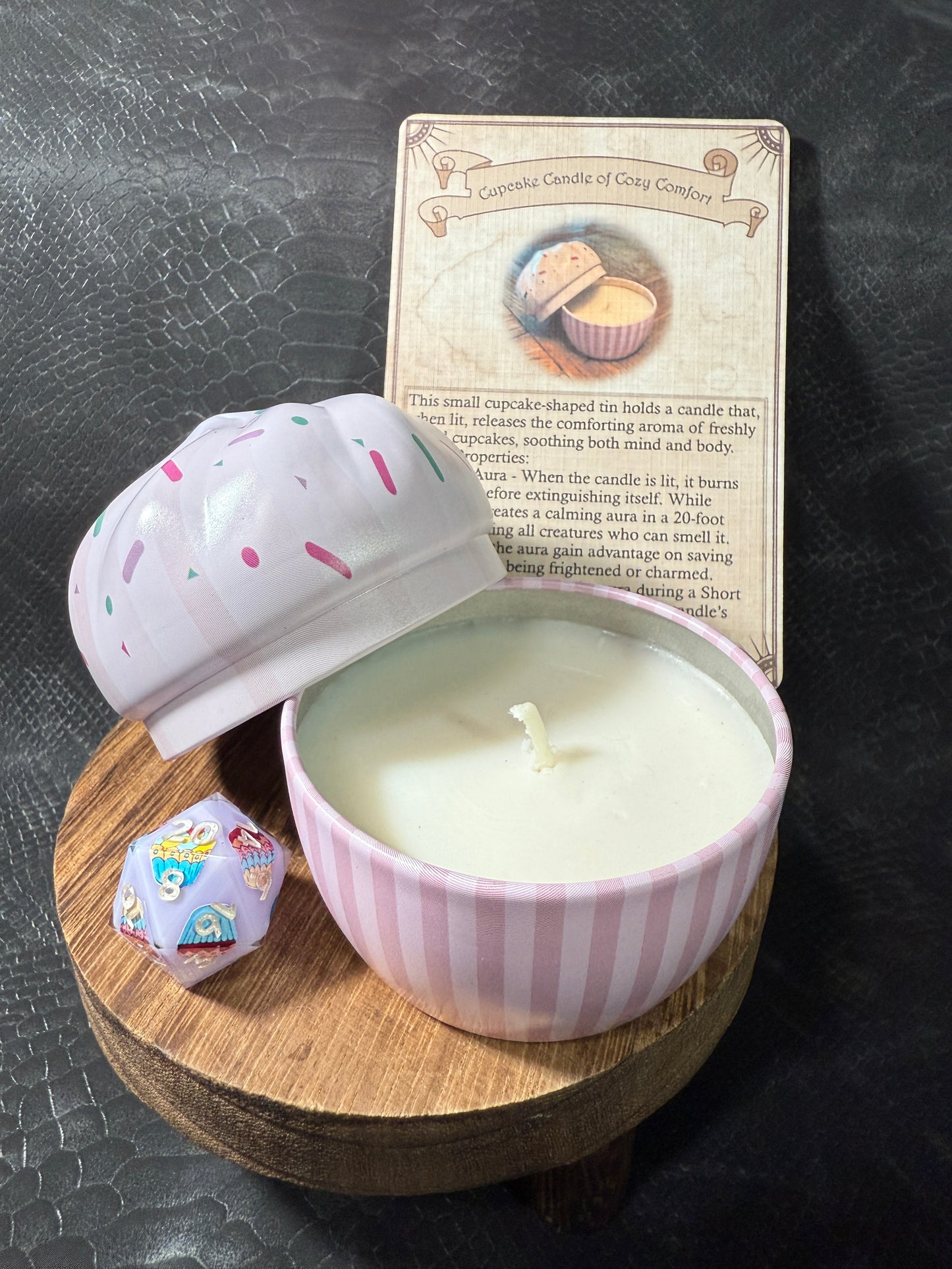 Cupcake Candle of Cozy Comfort – Handmade Dice Set, Magic Item Card & Cupcake Tin Candle for D&D and Tabletop RPGs
