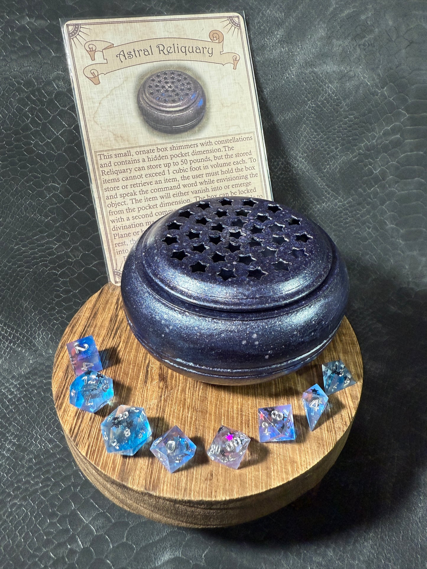 Astral Reliquary – Celestial themed Mini Dice Set, Magic Item Card & Galaxy Glazed Star Box for D&D and Tabletop RPGs