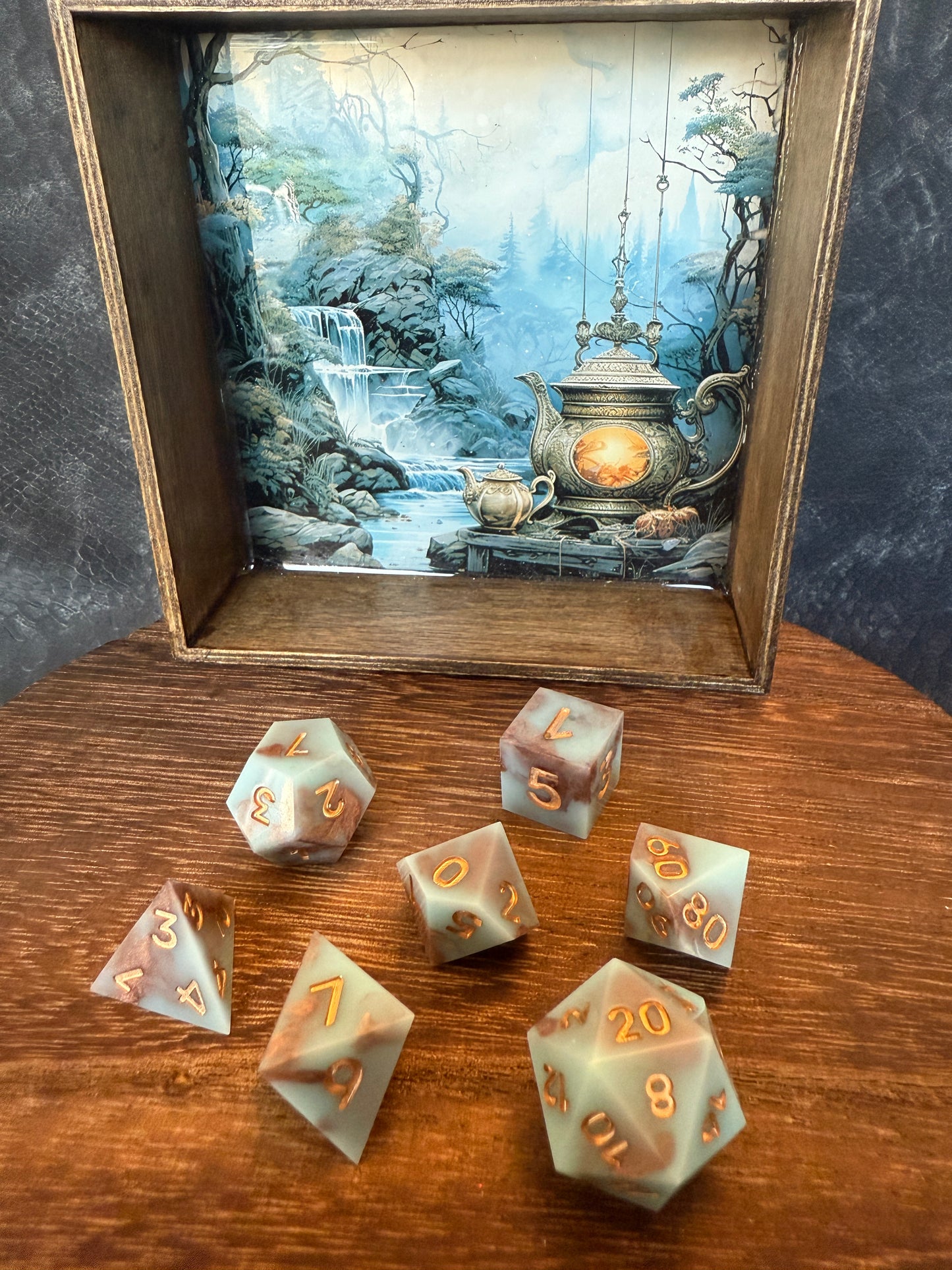 Copper and Blue Sharp Edge Dice with Matching Dice Tray, hand poured resin for D&D, Pathfinder, and other RPGs