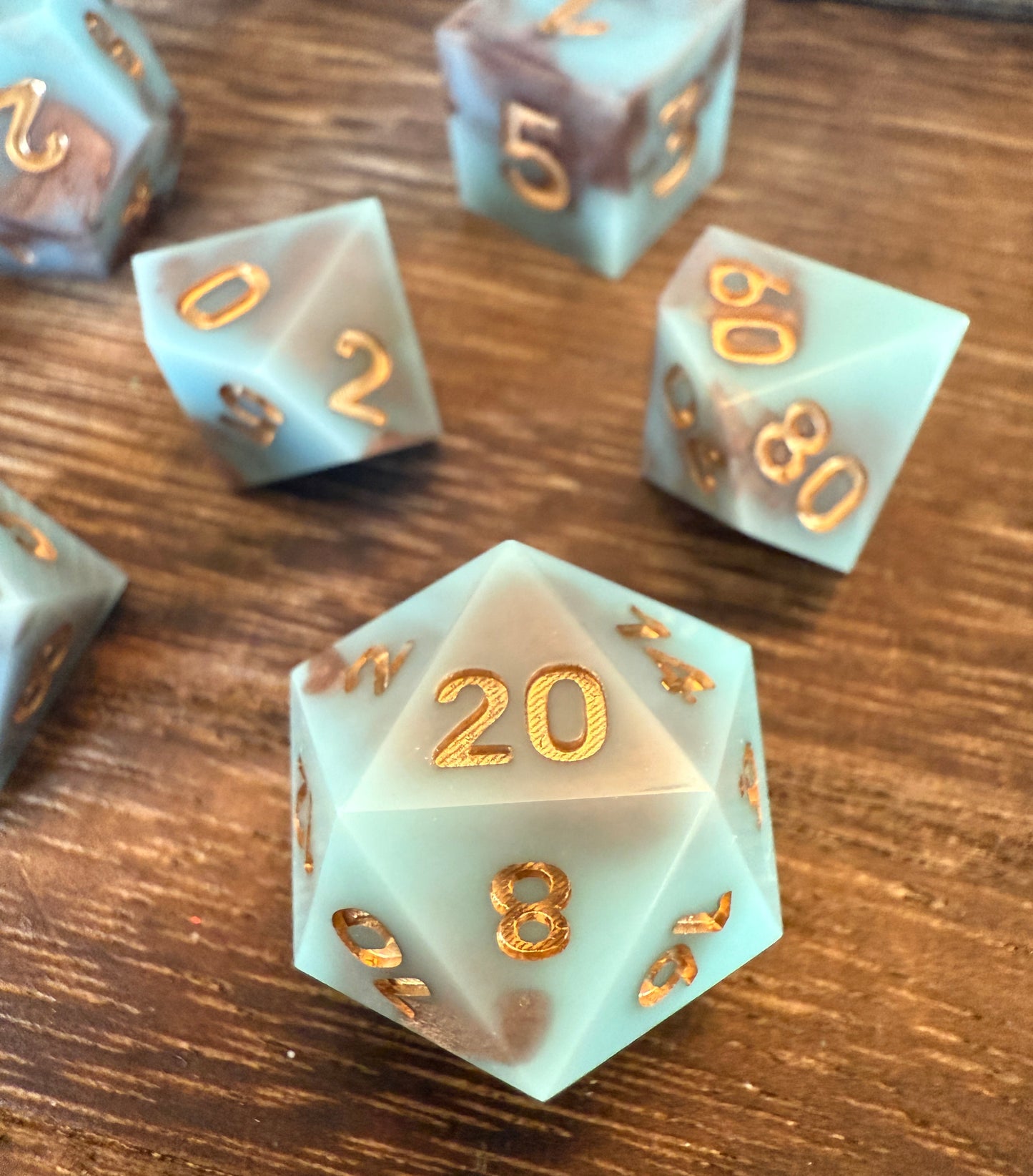 Copper and Blue Sharp Edge Dice with Matching Dice Tray, hand poured resin for D&D, Pathfinder, and other RPGs