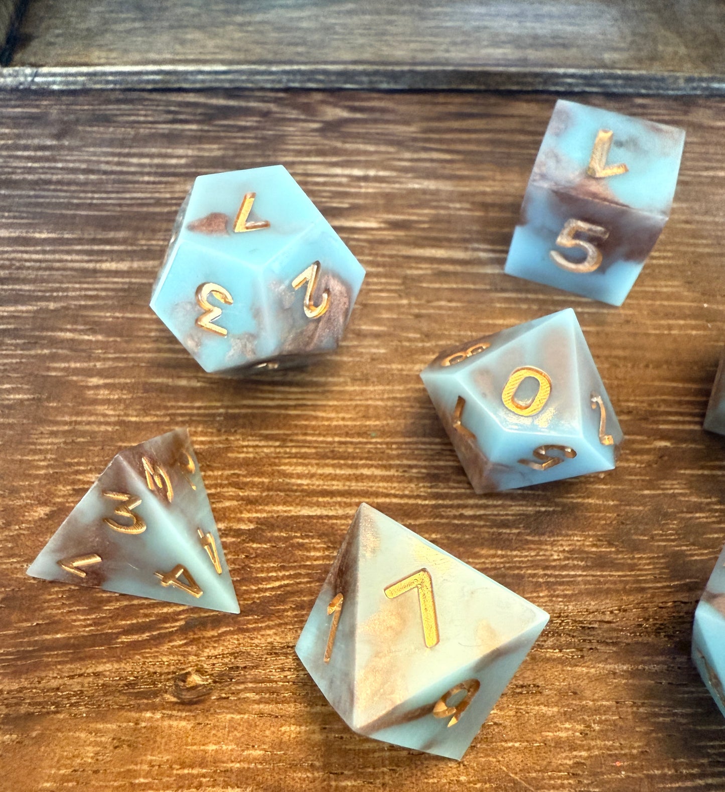Copper and Blue Sharp Edge Dice with Matching Dice Tray, hand poured resin for D&D, Pathfinder, and other RPGs
