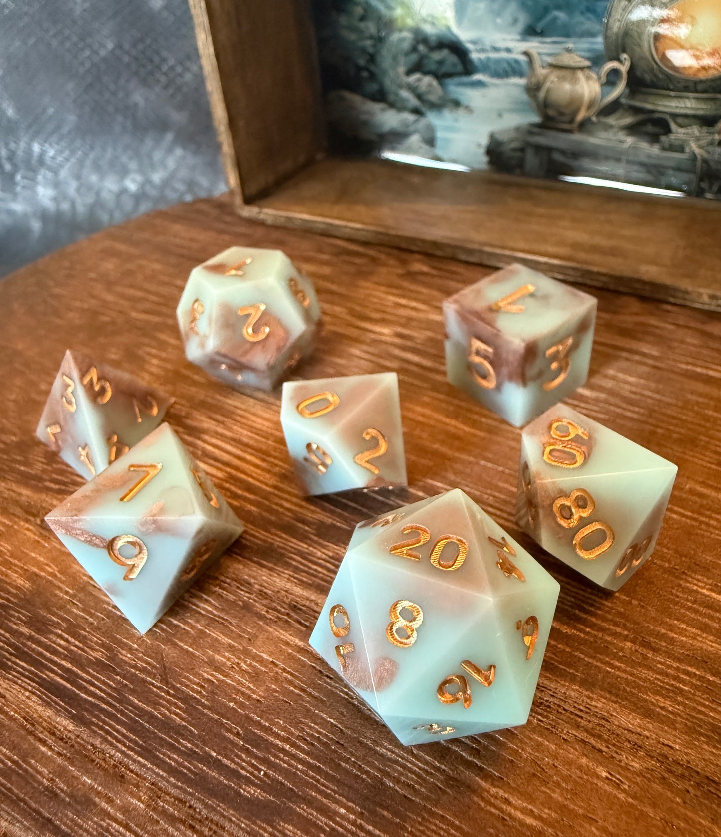 Copper and Blue Sharp Edge Dice with Matching Dice Tray, hand poured resin for D&D, Pathfinder, and other RPGs