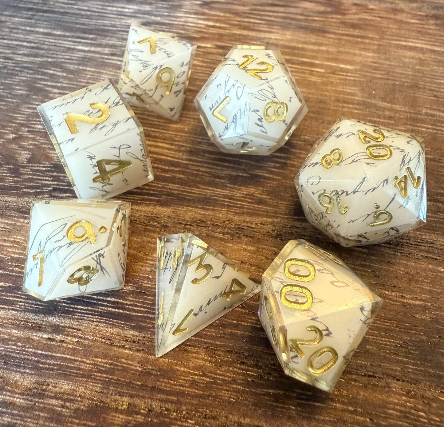 Script on parchment, sharp edged shell dice, hand poured resin for D&D, Pathfinder and other RPG‘s