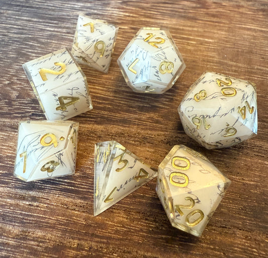 Script on parchment, sharp edged shell dice, hand poured resin for D&D, Pathfinder and other RPG‘s