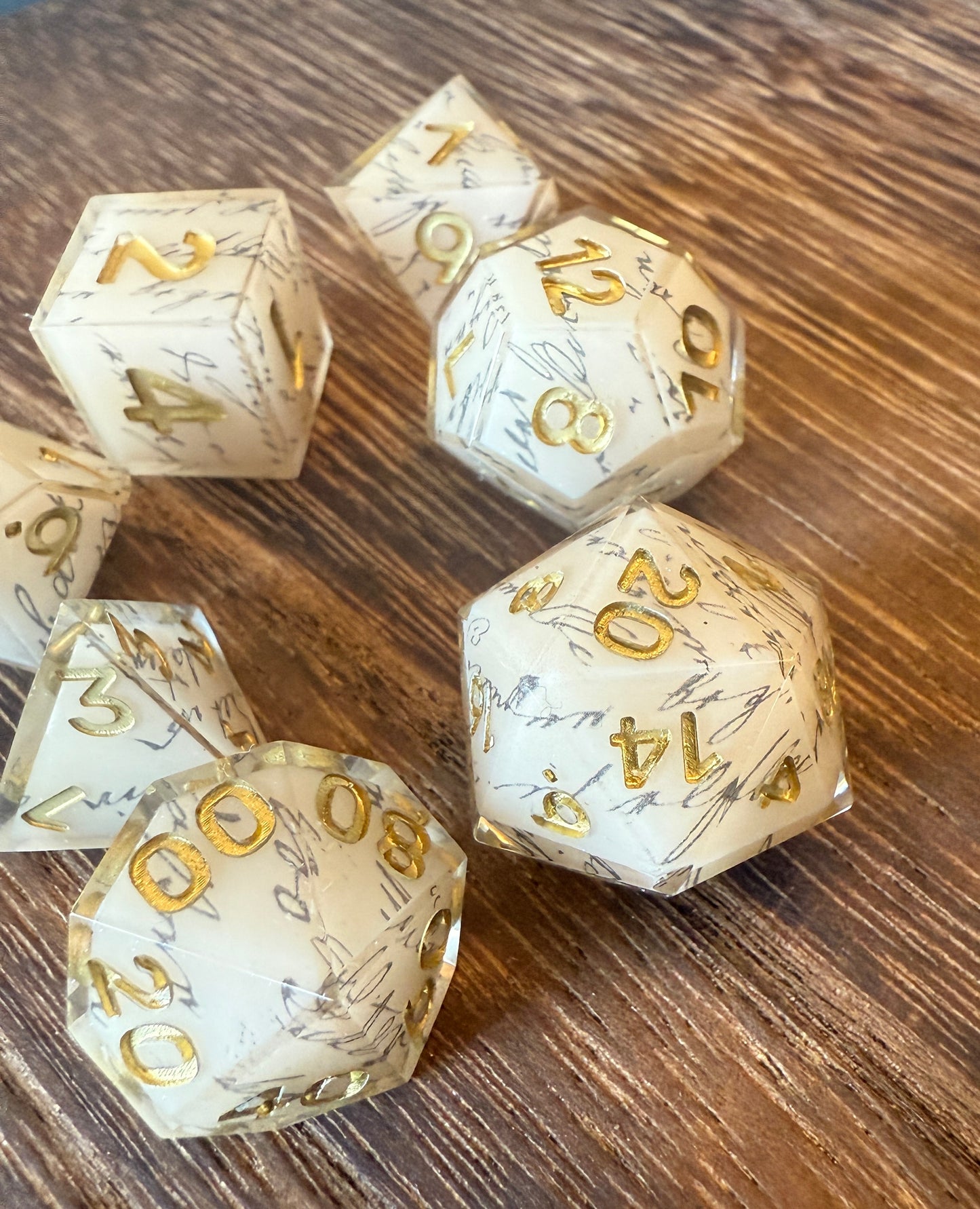 Script on parchment, sharp edged shell dice, hand poured resin for D&D, Pathfinder and other RPG‘s