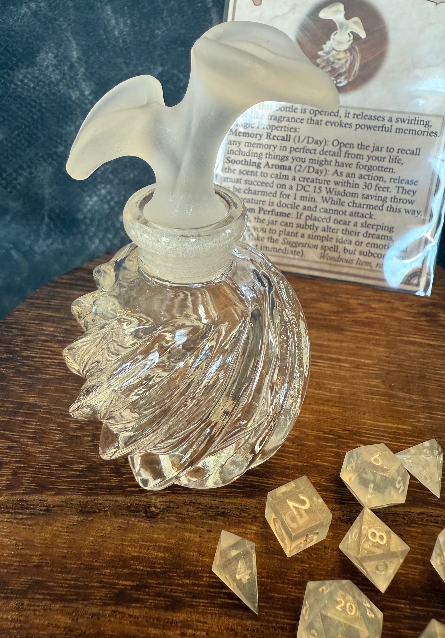 Whispered Memory Perfume Bottle - Iridescent Mini Dice Set, Magic Item Card & Glass Perfume Bottle