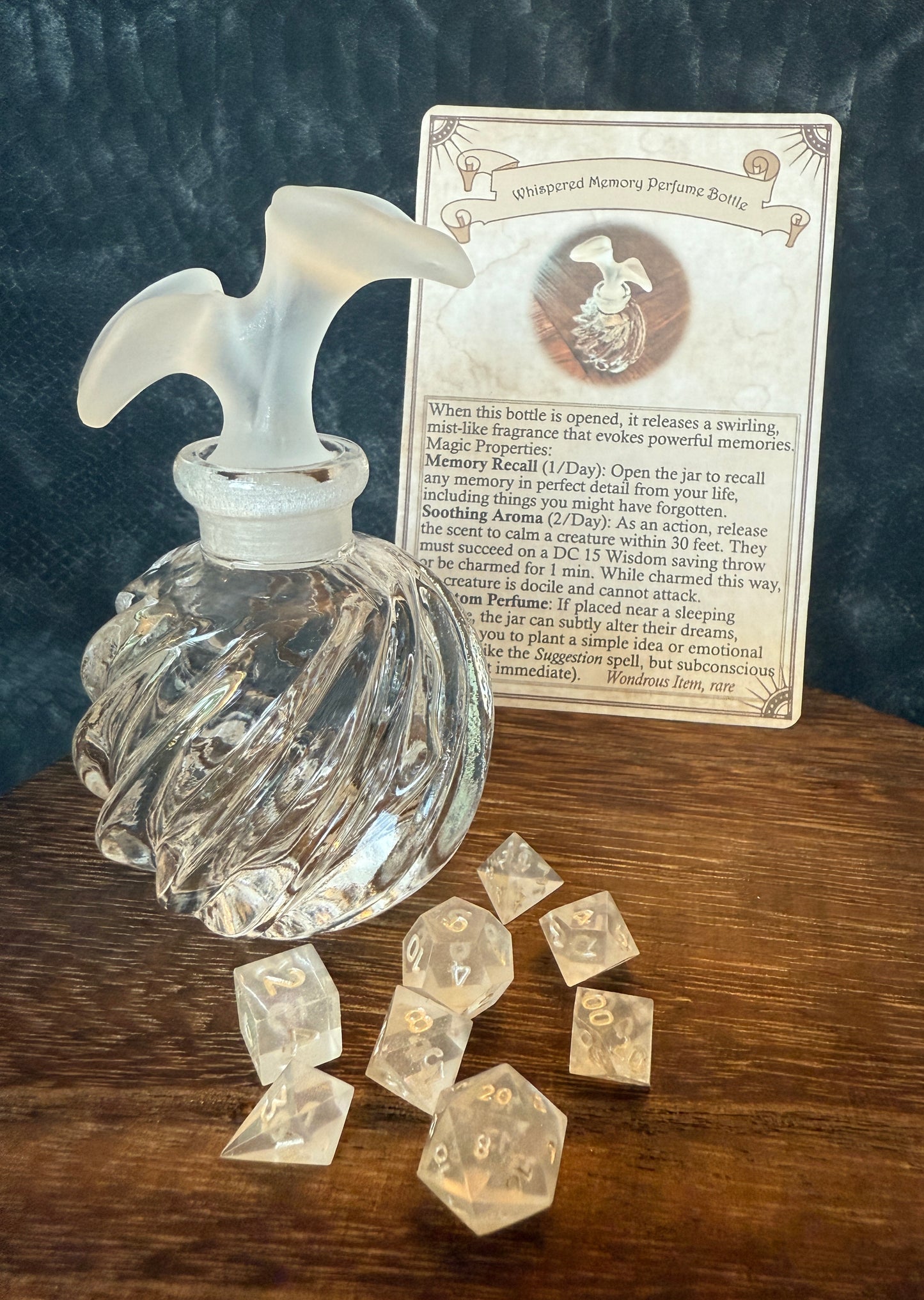 Whispered Memory Perfume Bottle - Iridescent Mini Dice Set, Magic Item Card & Glass Perfume Bottle