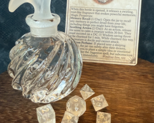 Whispered Memory Perfume Bottle - Iridescent Mini Dice Set, Magic Item Card & Glass Perfume Bottle