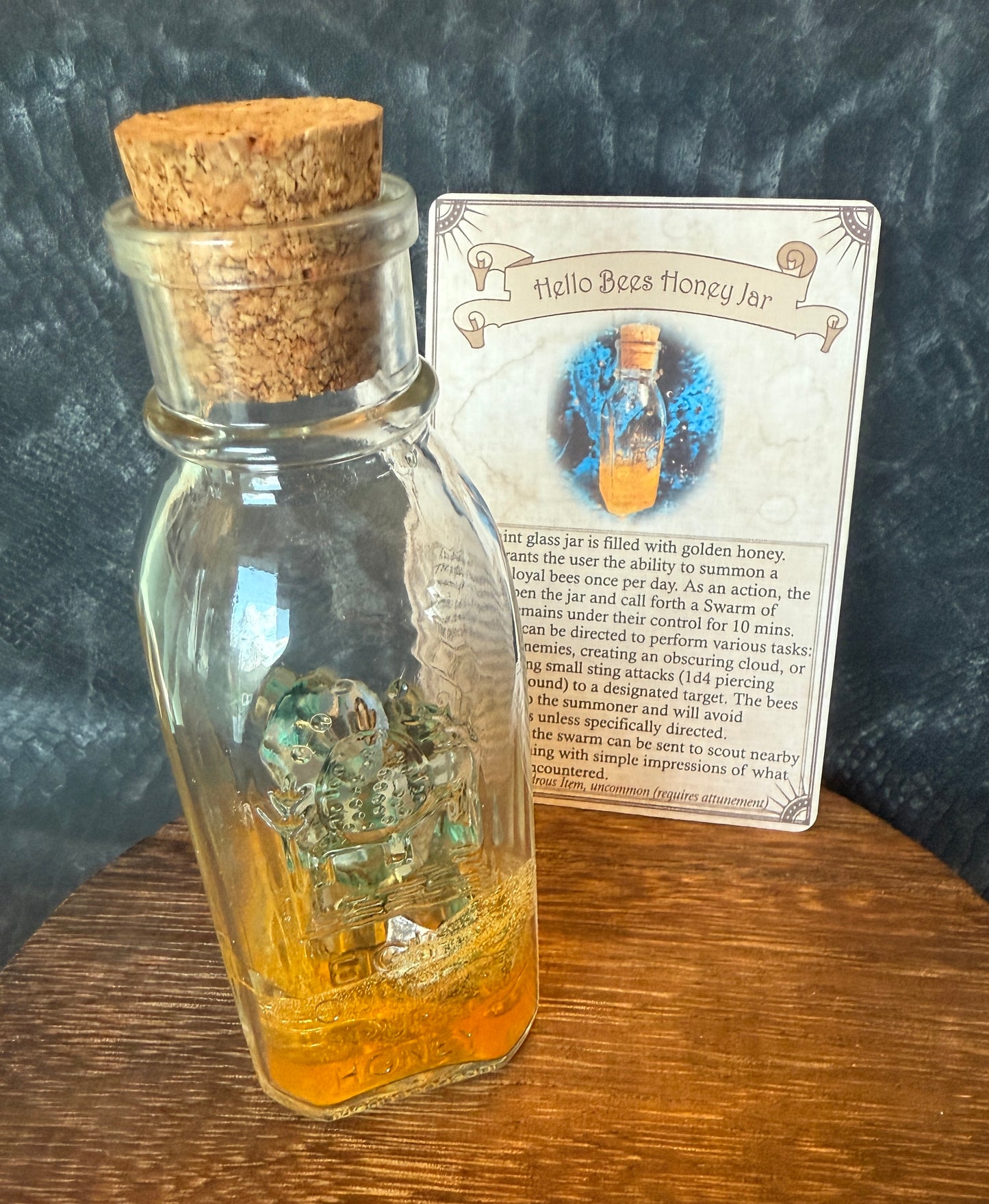 Hello Bees Honey Jar — Dried Flowers and Bees Sharp Edge Dice Set, Magic Item Card & Glass Jar with Honey Motif for D&D and Tabletop RPGs