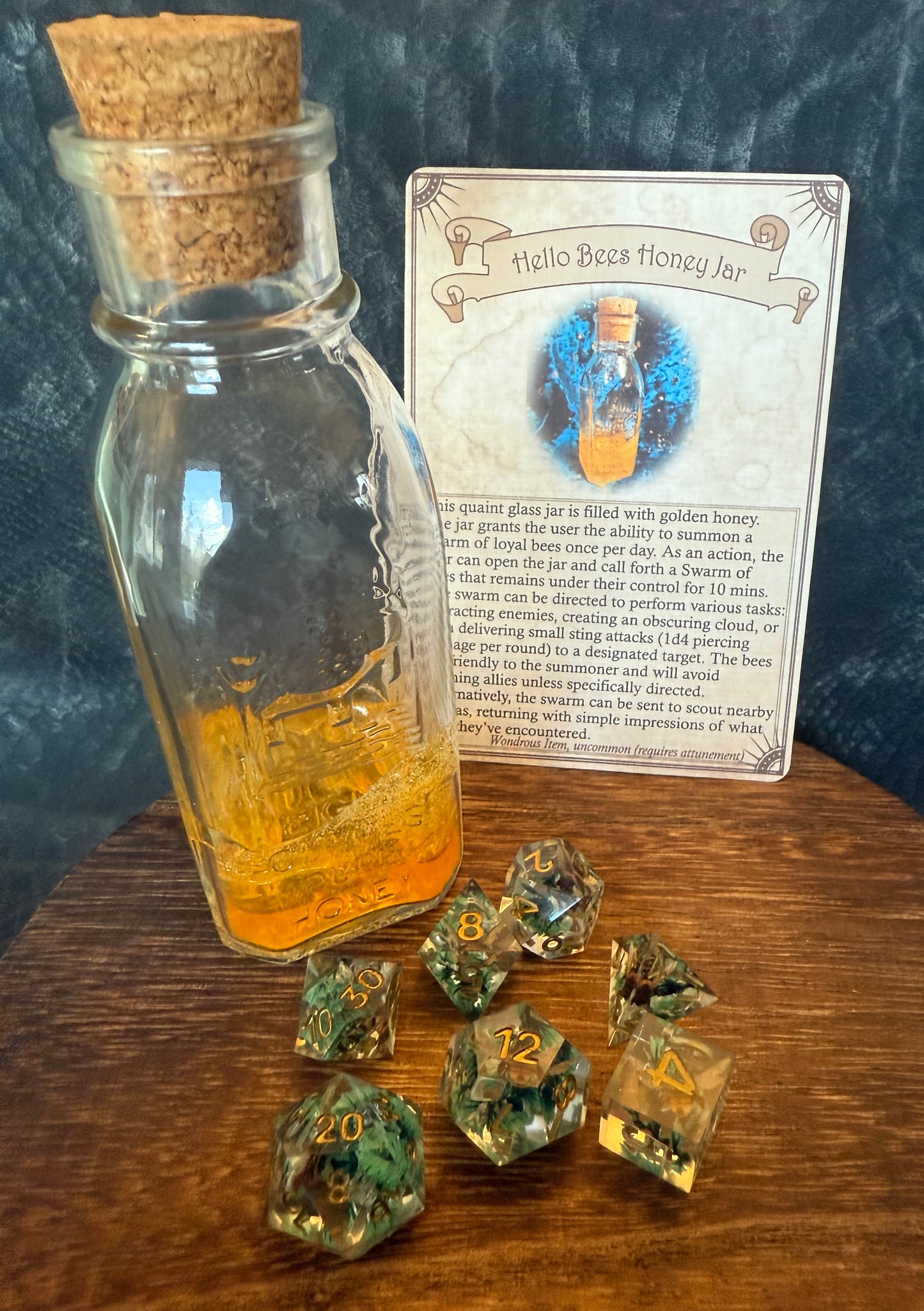 Hello Bees Honey Jar — Dried Flowers and Bees Sharp Edge Dice Set, Magic Item Card & Glass Jar with Honey Motif for D&D and Tabletop RPGs