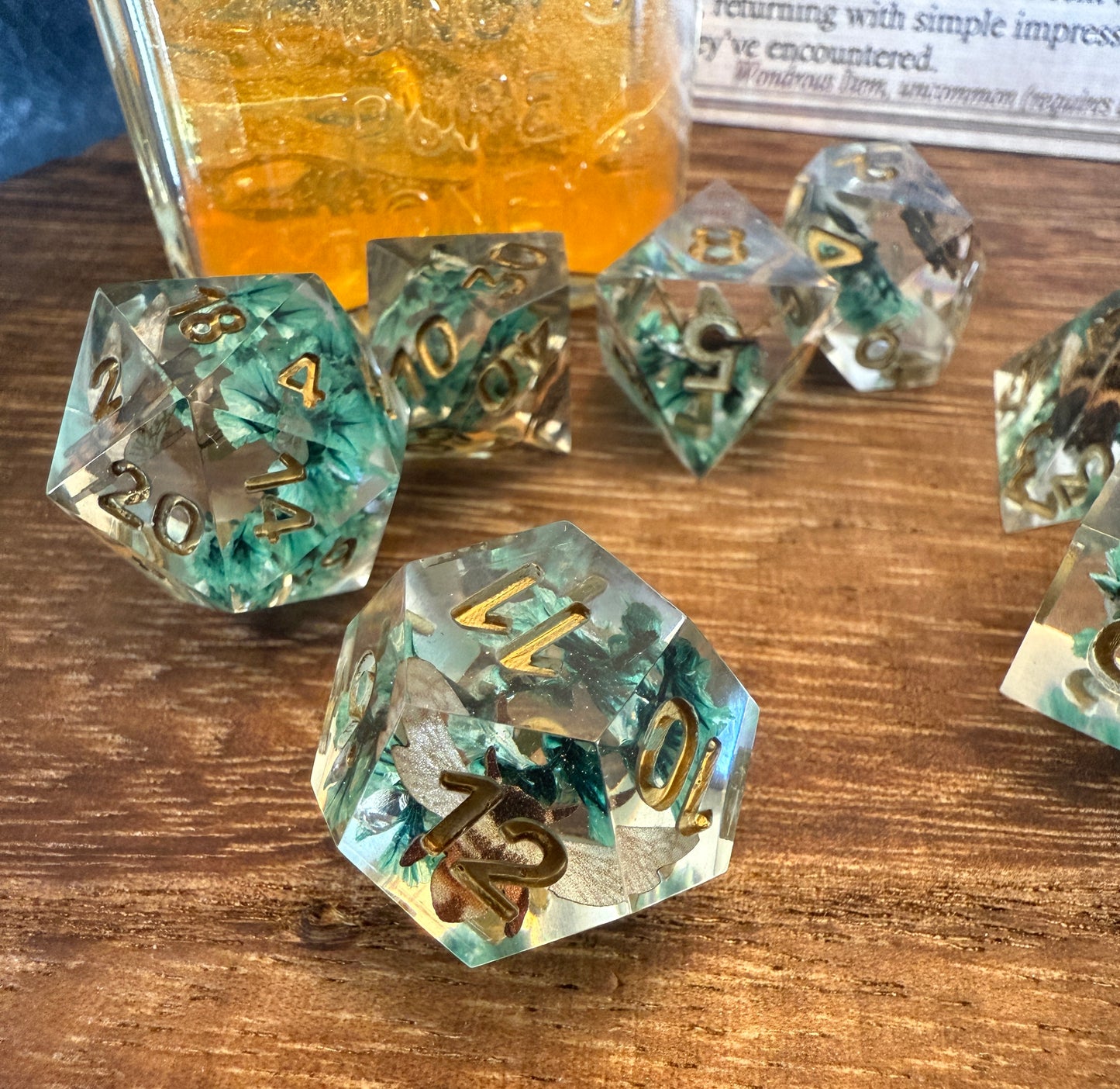 Hello Bees Honey Jar — Dried Flowers and Bees Sharp Edge Dice Set, Magic Item Card & Glass Jar with Honey Motif for D&D and Tabletop RPGs