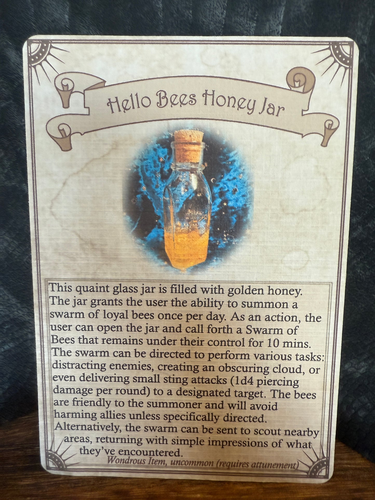 Hello Bees Honey Jar — Dried Flowers and Bees Sharp Edge Dice Set, Magic Item Card & Glass Jar with Honey Motif for D&D and Tabletop RPGs