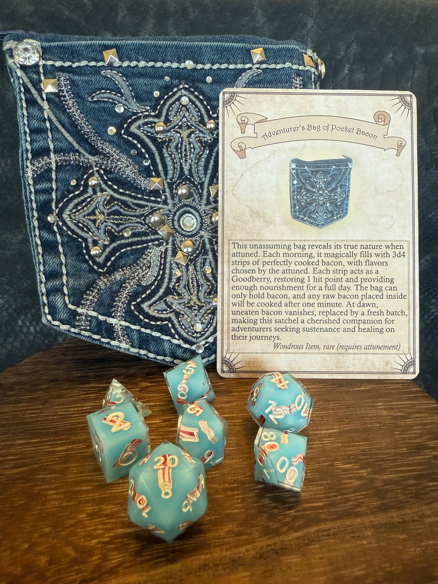 Adventurer’s Bag of Pocket Bacon – Bacon Themed Sharp Edge Dice Set with Magic Item Card & Hand-Stitched Reclaimed Rhinestone Denim Pouch