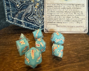 Adventurer’s Bag of Pocket Bacon – Bacon Themed Sharp Edge Dice Set with Magic Item Card & Hand-Stitched Reclaimed Rhinestone Denim Pouch