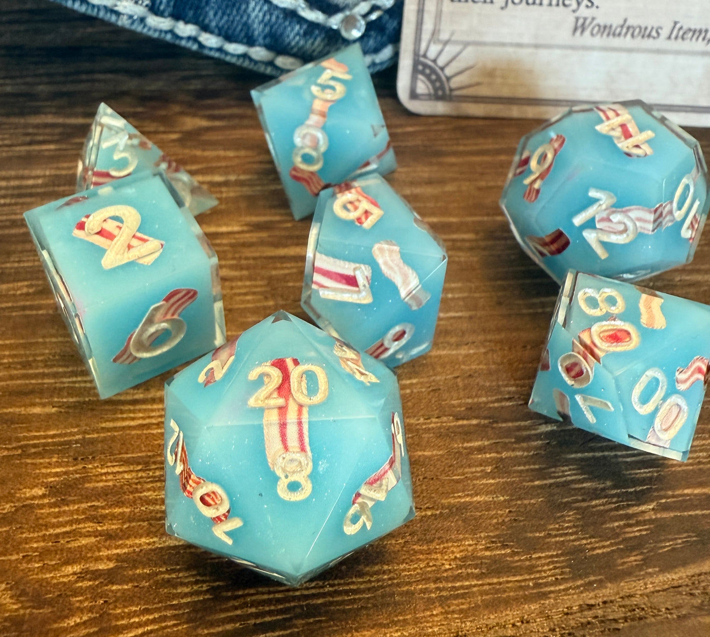 Adventurer’s Bag of Pocket Bacon – Bacon Themed Sharp Edge Dice Set with Magic Item Card & Hand-Stitched Reclaimed Rhinestone Denim Pouch