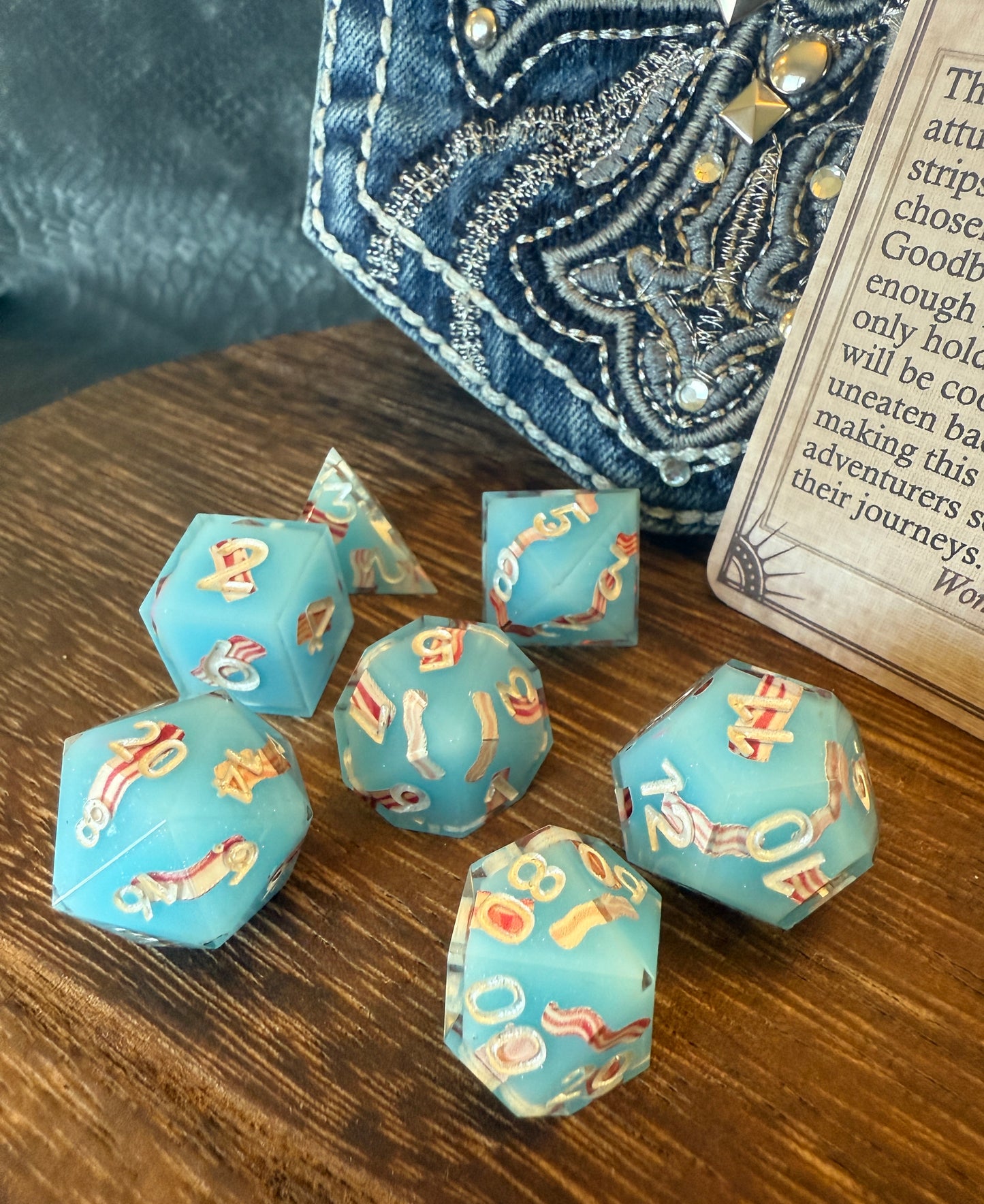 Adventurer’s Bag of Pocket Bacon – Bacon Themed Sharp Edge Dice Set with Magic Item Card & Hand-Stitched Reclaimed Rhinestone Denim Pouch