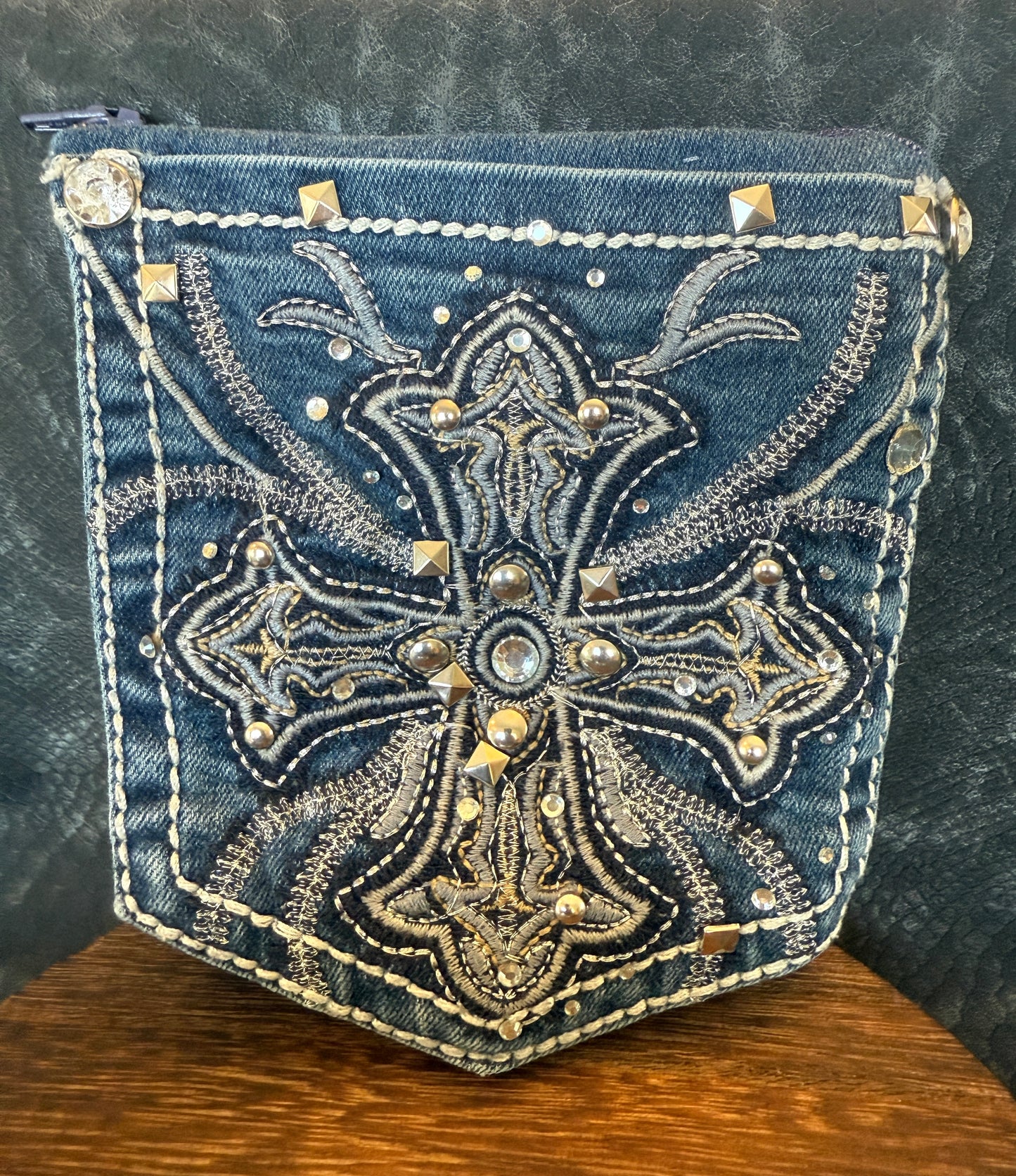 Adventurer’s Bag of Pocket Bacon – Bacon Themed Sharp Edge Dice Set with Magic Item Card & Hand-Stitched Reclaimed Rhinestone Denim Pouch
