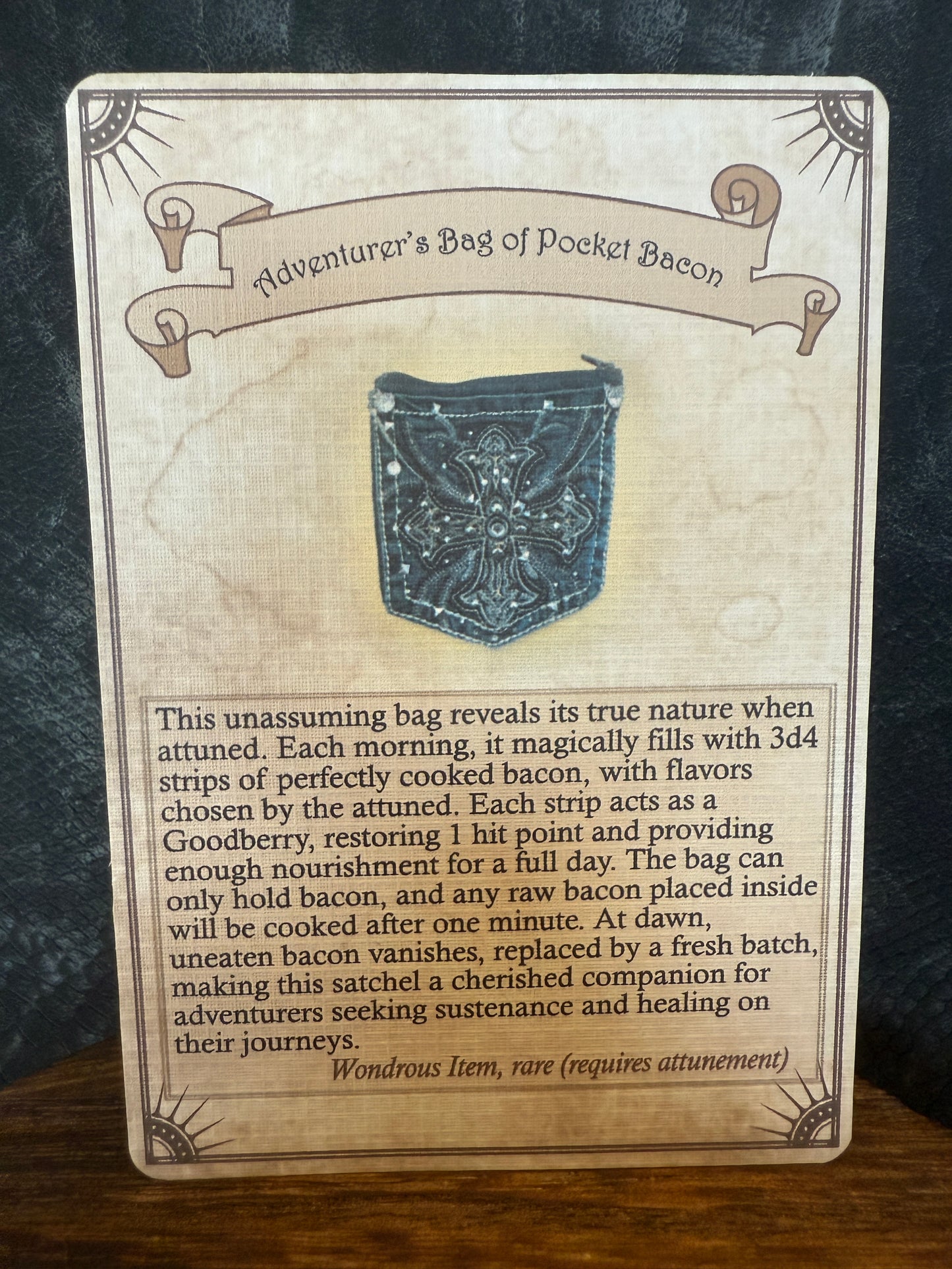 Adventurer’s Bag of Pocket Bacon – Bacon Themed Sharp Edge Dice Set with Magic Item Card & Hand-Stitched Reclaimed Rhinestone Denim Pouch
