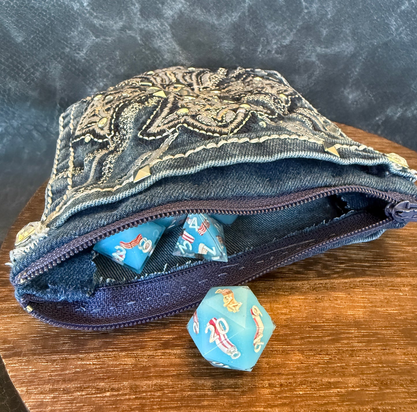 Adventurer’s Bag of Pocket Bacon – Bacon Themed Sharp Edge Dice Set with Magic Item Card & Hand-Stitched Reclaimed Rhinestone Denim Pouch