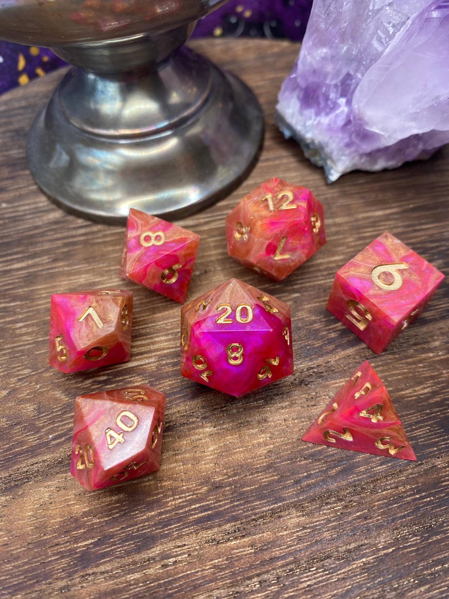 Pink and Copper Sharp Edge Dice, hand poured resin for D&D, Pathfinder, and other TTRPG