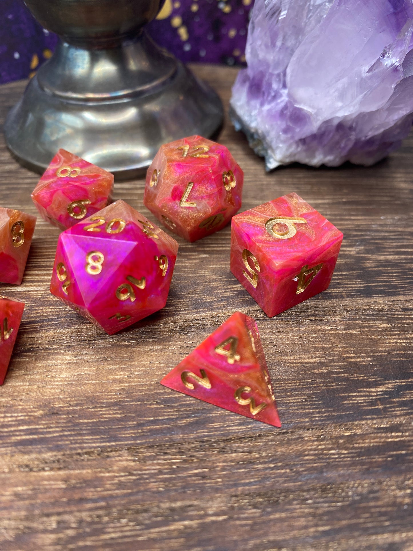 Pink and Copper Sharp Edge Dice, hand poured resin for D&D, Pathfinder, and other TTRPG