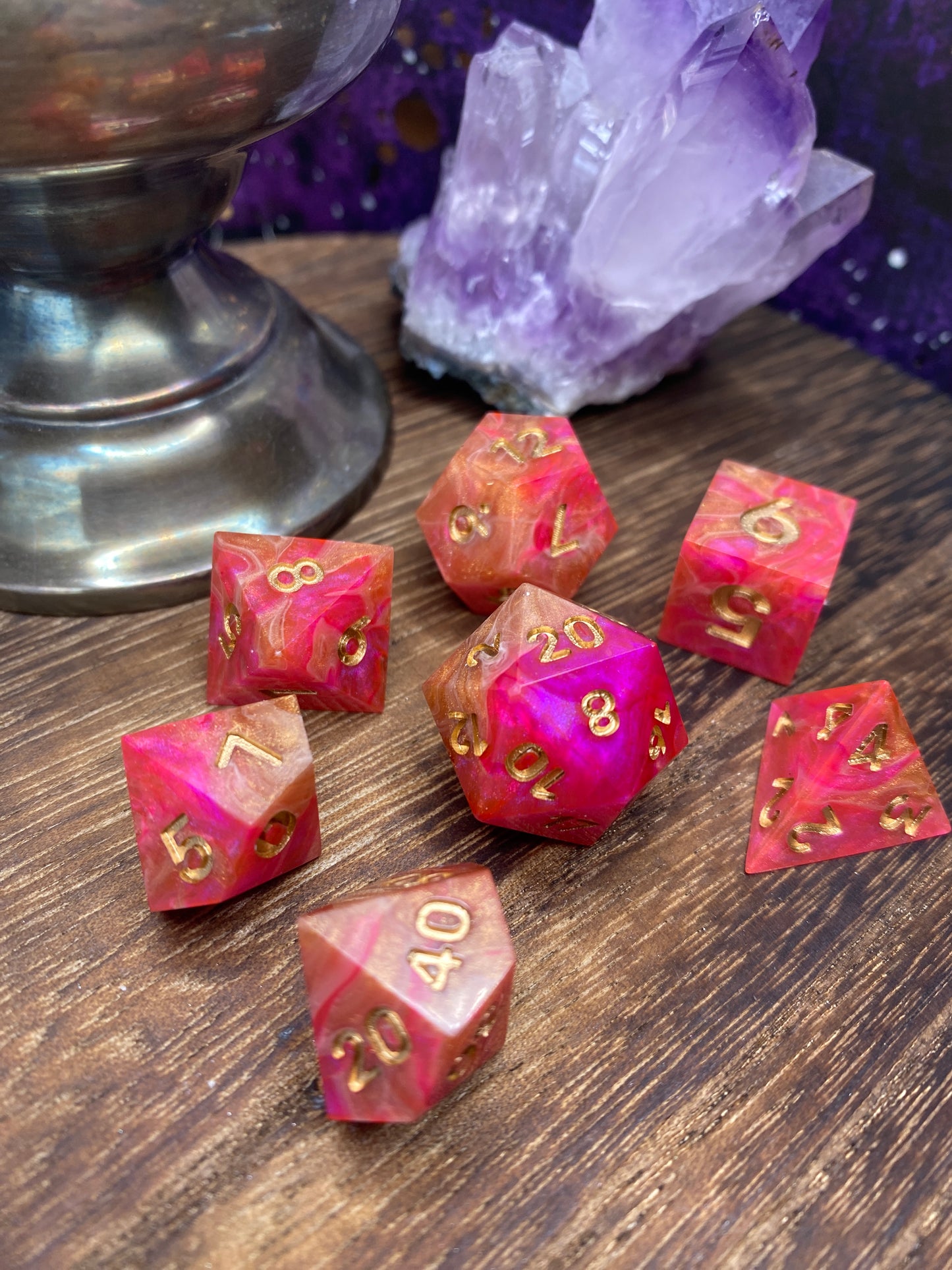 Pink and Copper Sharp Edge Dice, hand poured resin for D&D, Pathfinder, and other TTRPG