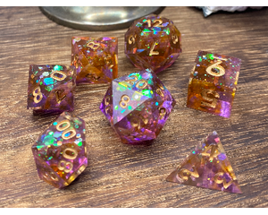 Iridescent Pink and Copper with Swirling Glitter Sharp Edge Dice, hand poured resin for D&D, Pathfinder, and other TTRPG