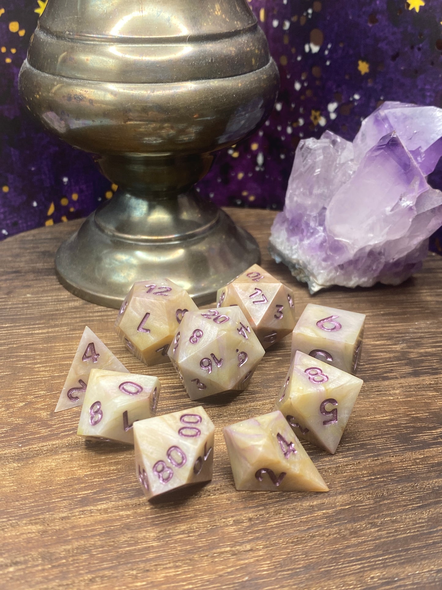 Marbled Cream and Lavender Sharp Edge Dice, hand poured resin for D&D, Pathfinder, and other TTRPG
