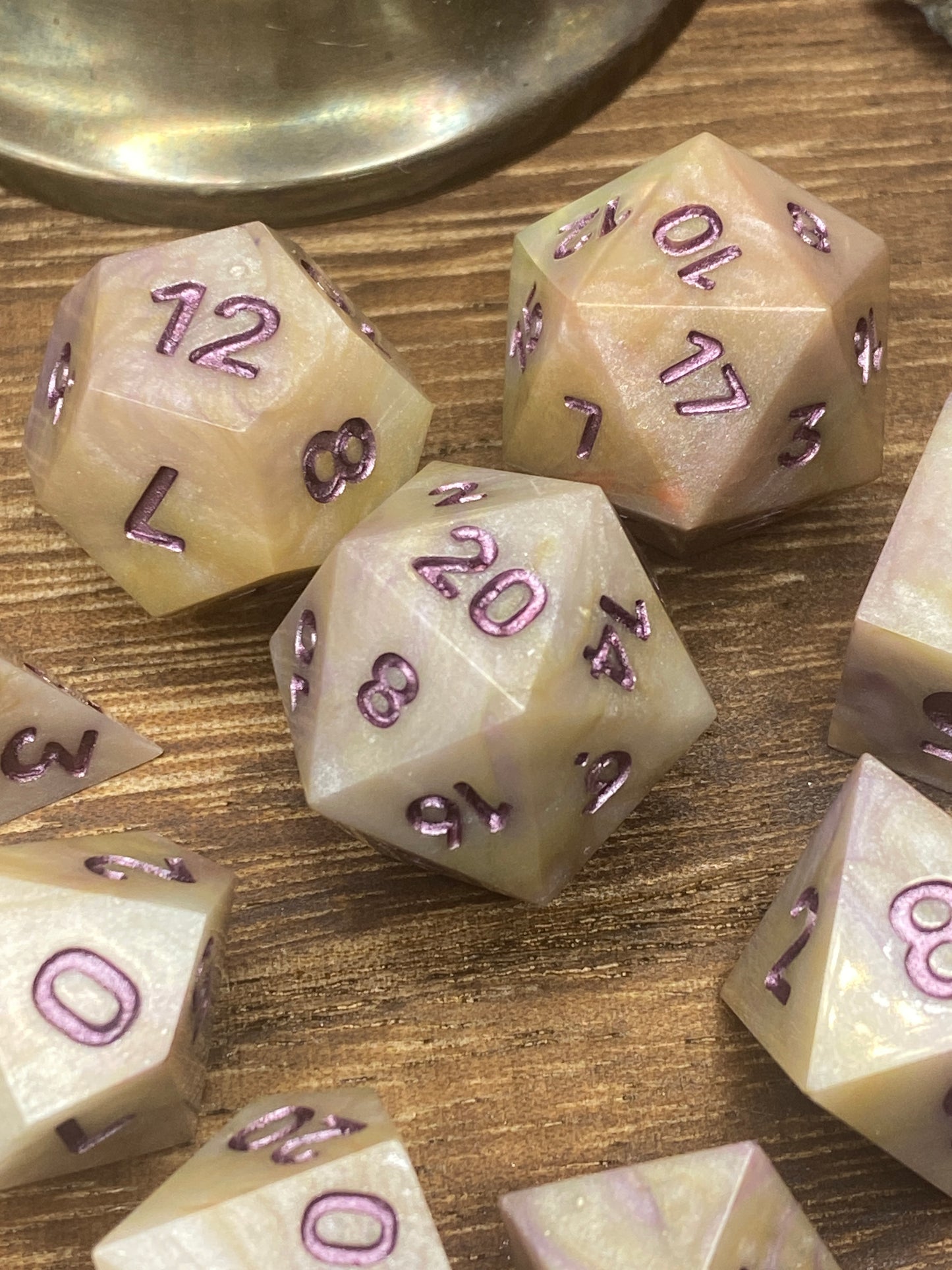 Marbled Cream and Lavender Sharp Edge Dice, hand poured resin for D&D, Pathfinder, and other TTRPG