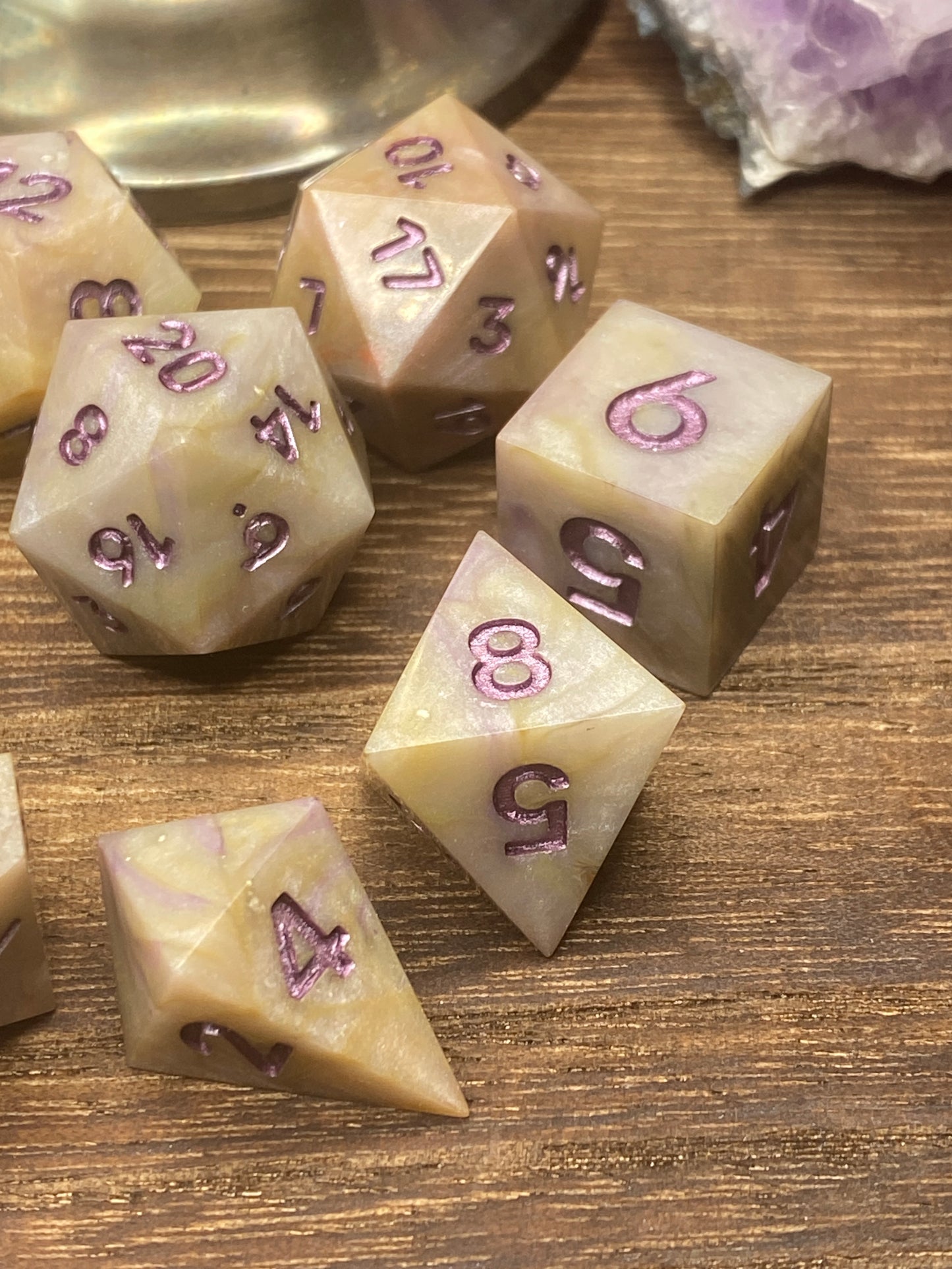 Marbled Cream and Lavender Sharp Edge Dice, hand poured resin for D&D, Pathfinder, and other TTRPG