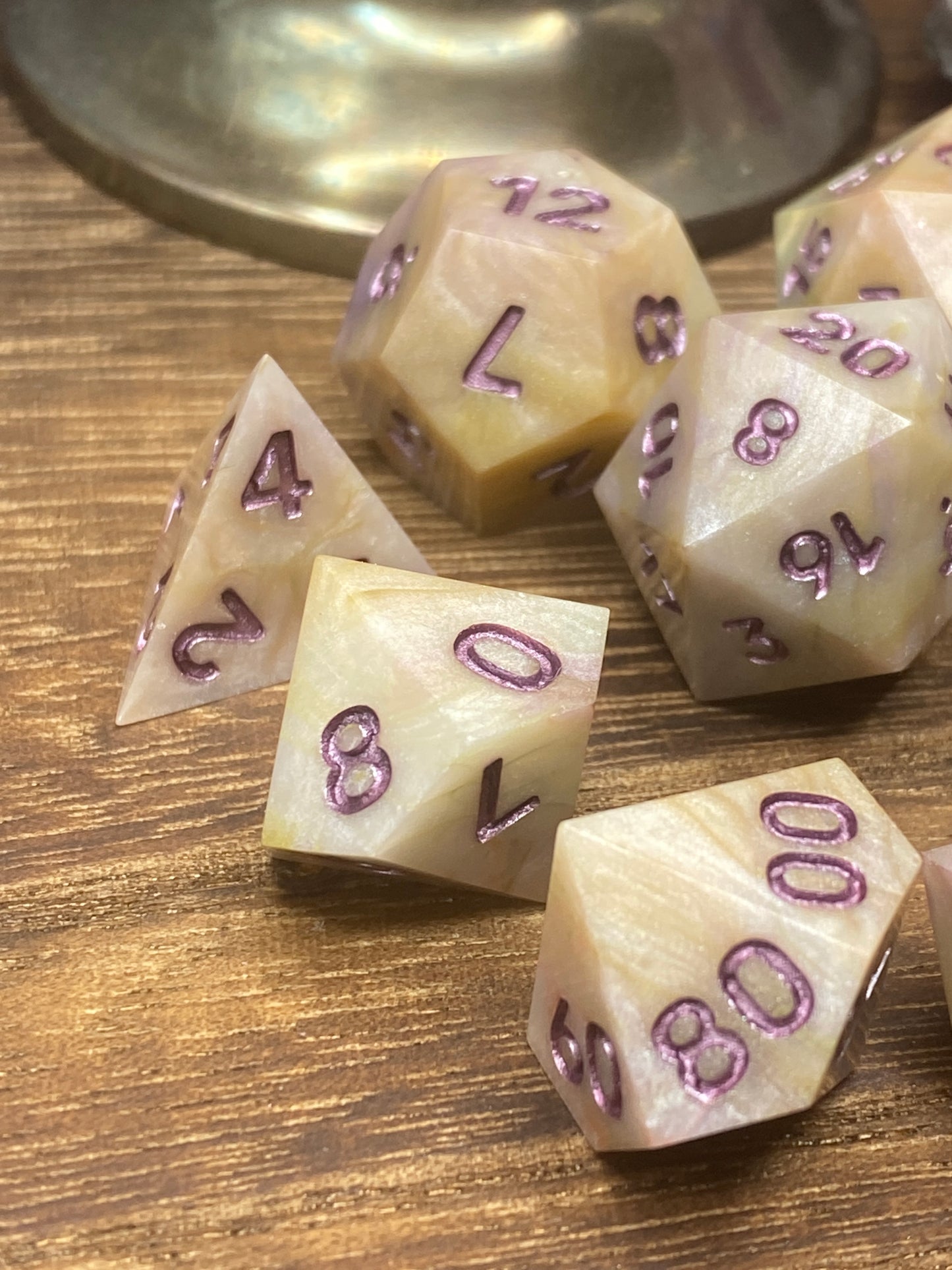 Marbled Cream and Lavender Sharp Edge Dice, hand poured resin for D&D, Pathfinder, and other TTRPG