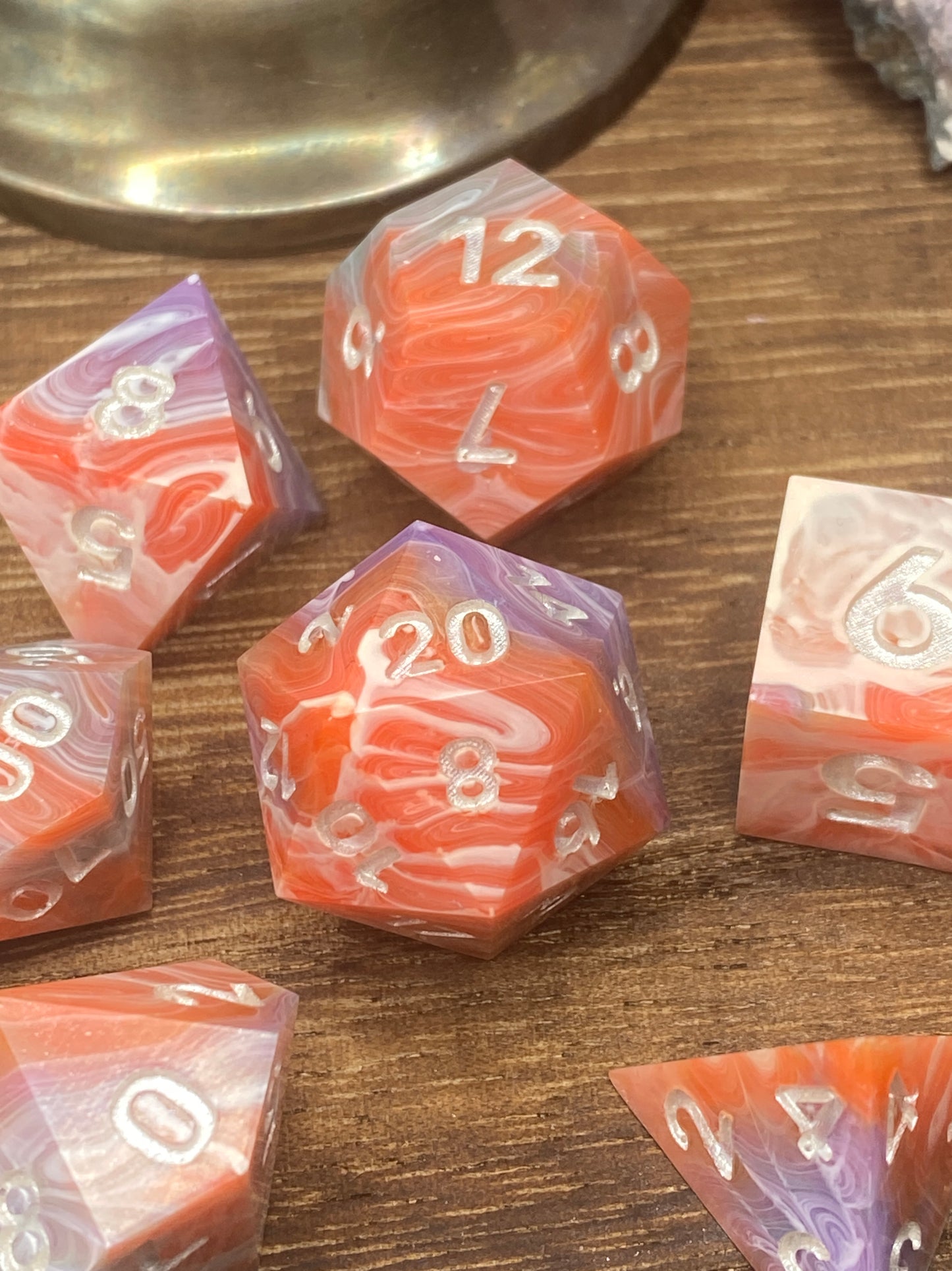 Peach, White and Lavender Sharp Edge Dice, hand poured resin for D&D, Pathfinder, and other RPG