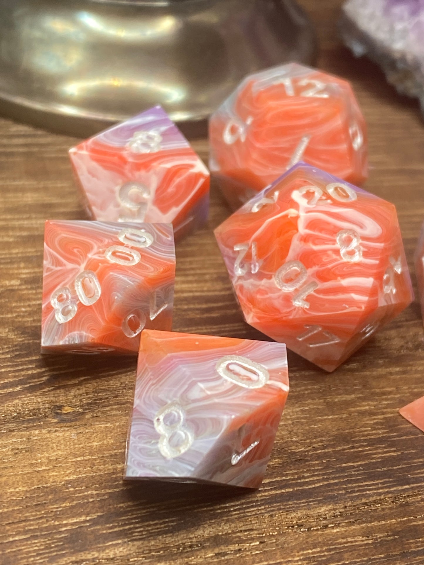 Peach, White and Lavender Sharp Edge Dice, hand poured resin for D&D, Pathfinder, and other RPG